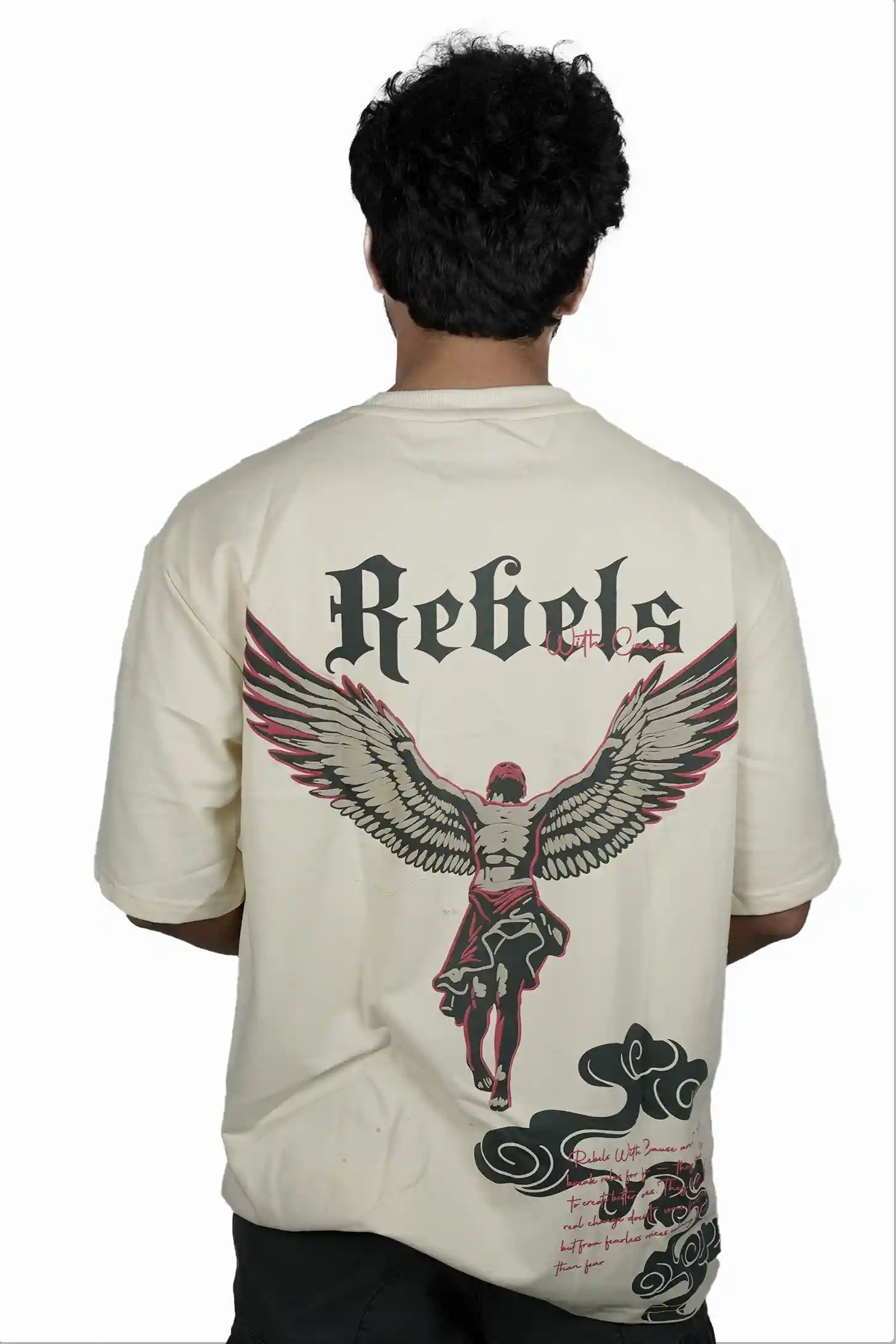Kapda Kulture beige puff print oversized t shirt rebels eagle graphic back design streetwear