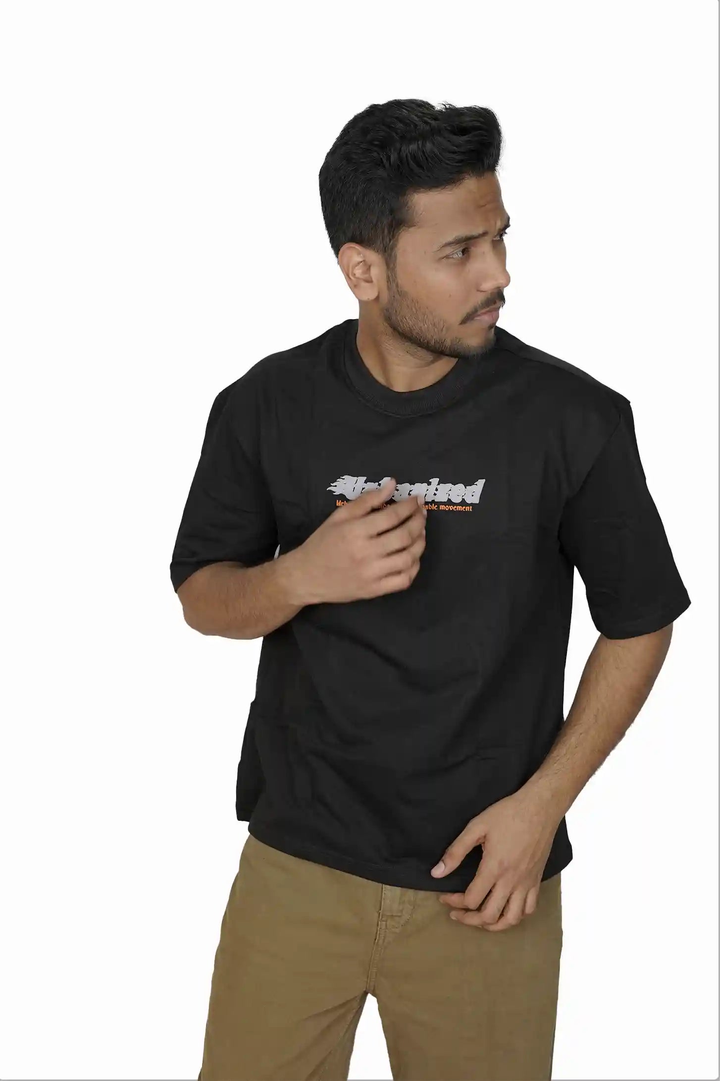 Kapda Kulture black puff print oversized t shirt casual streetwear front view model pose walking