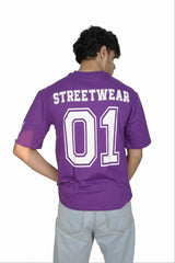 Kapda Kulture purple puff print oversized t shirt for men 01 design back view model pose