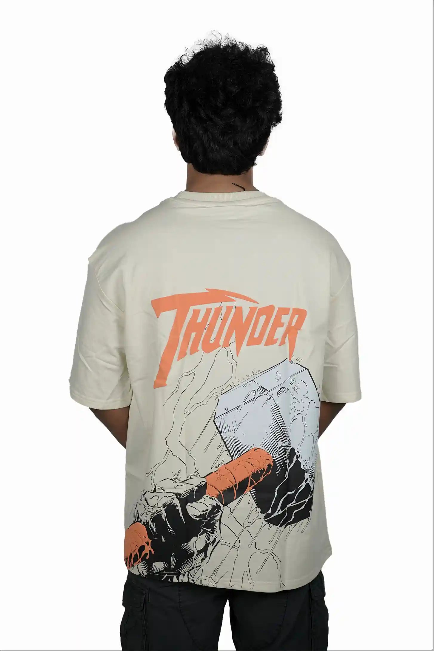 Kapda Kulture beige puff print oversized t shirt for men India graphic back view long