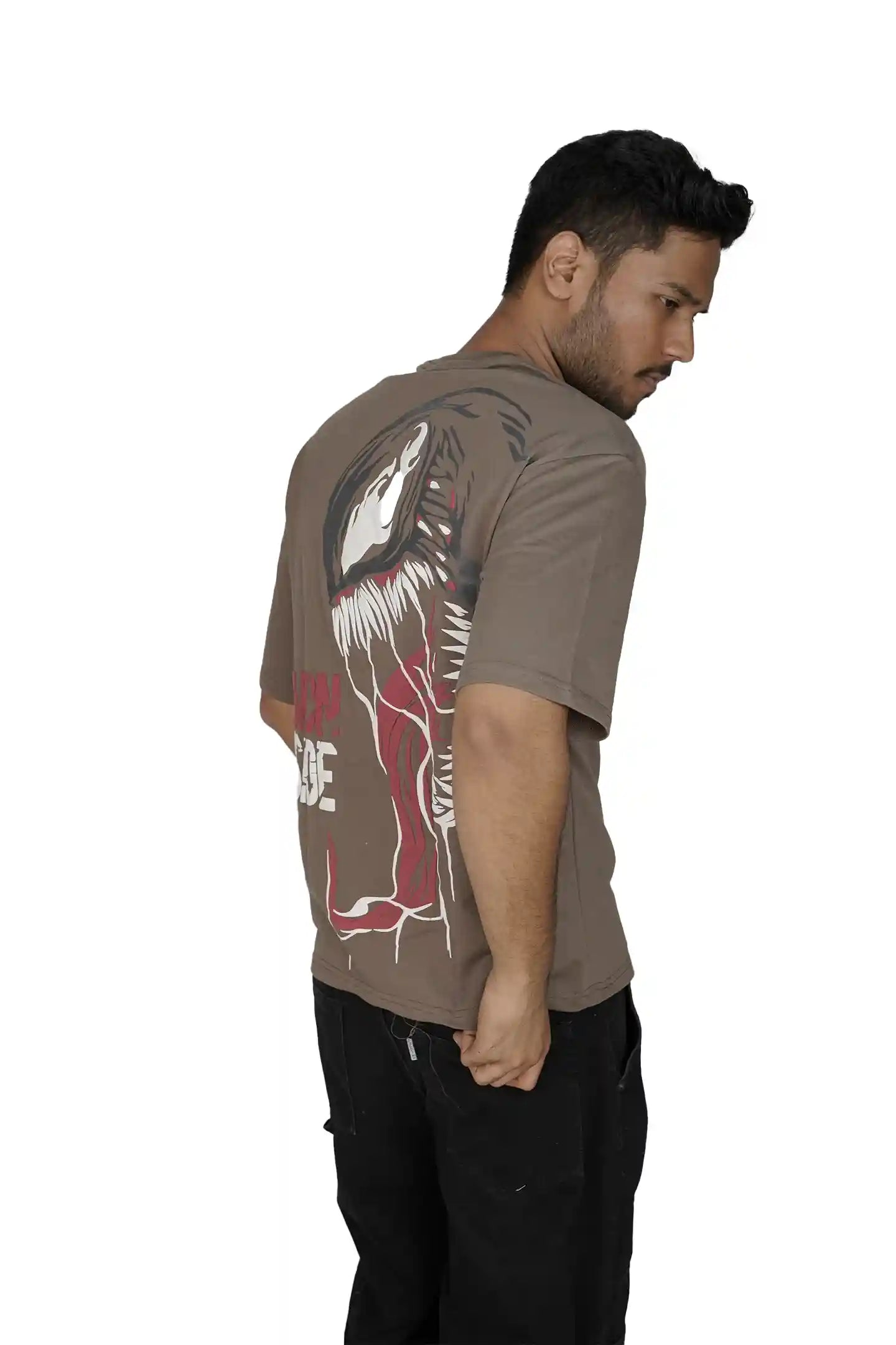 Kapda Kulture brown oversized t shirt puff print streetwear side profile look