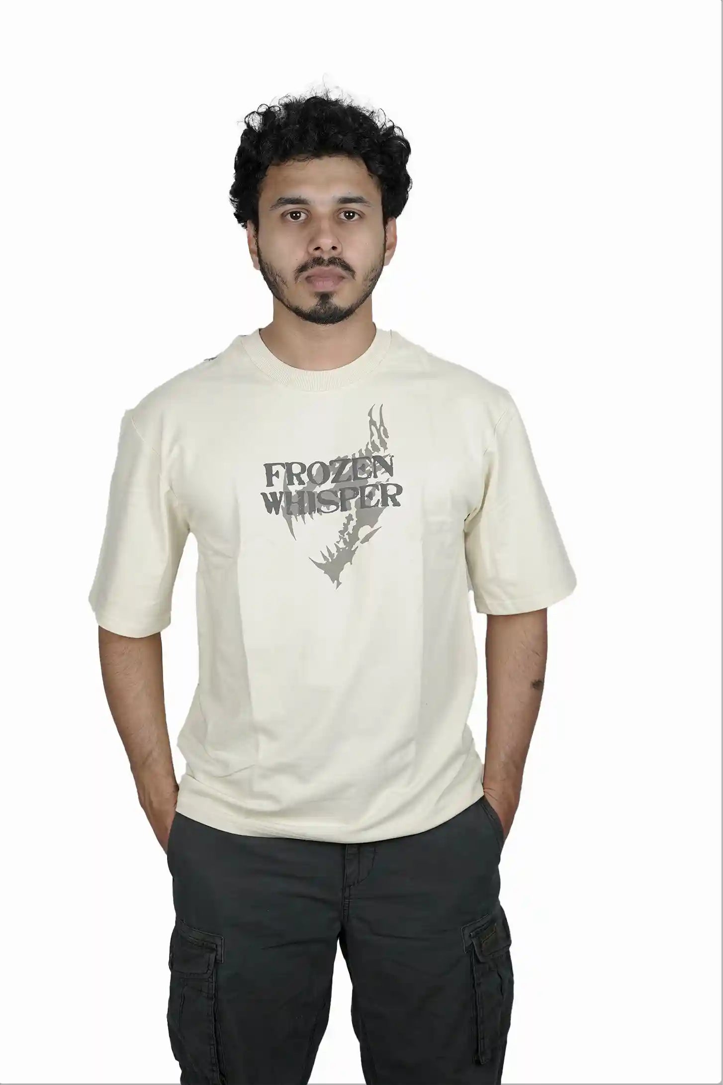 Kapda Kulture beige puff print oversized t shirt casual streetwear front styling full model