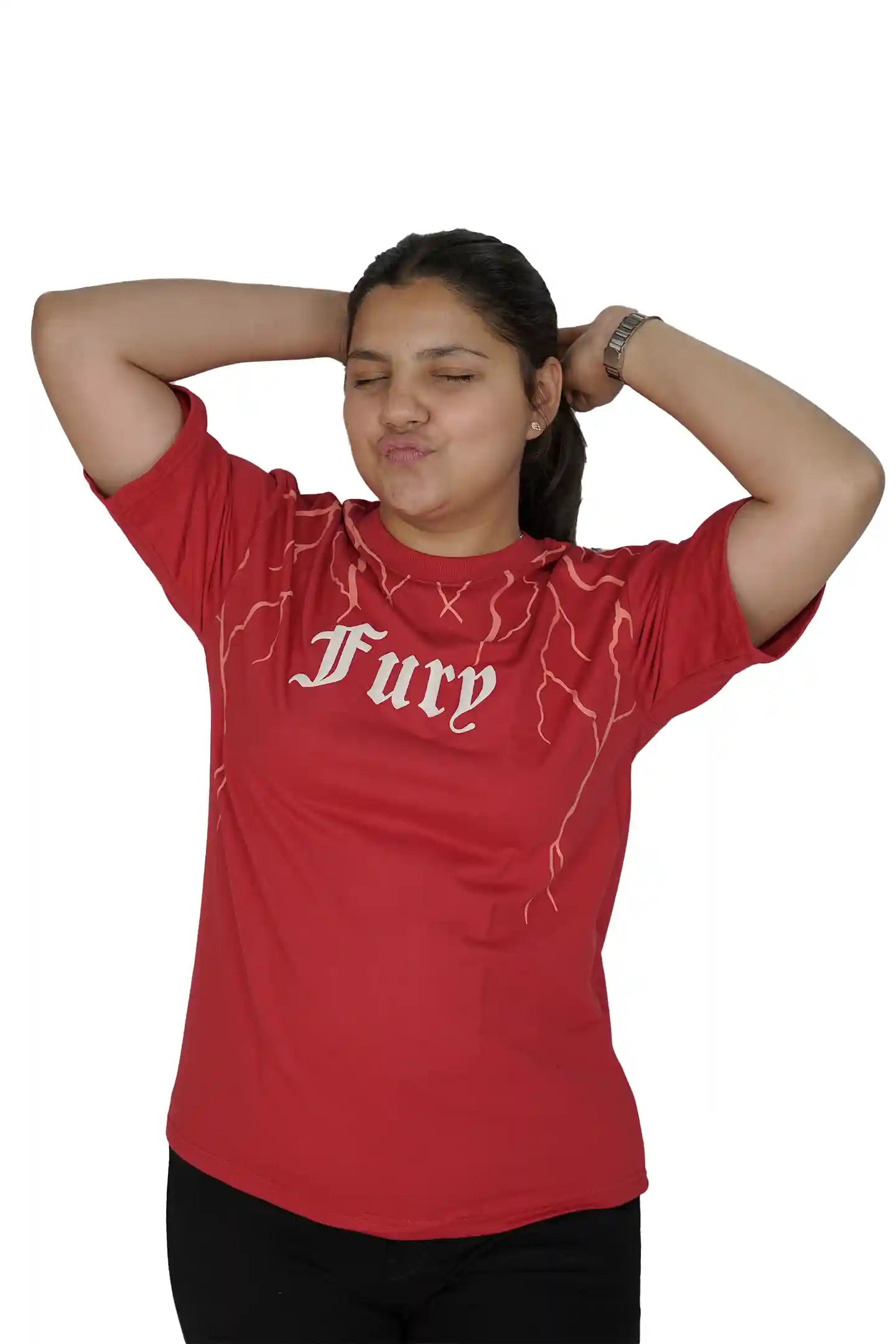 kapda kulture red fury puff print t shirt for women front pose view
