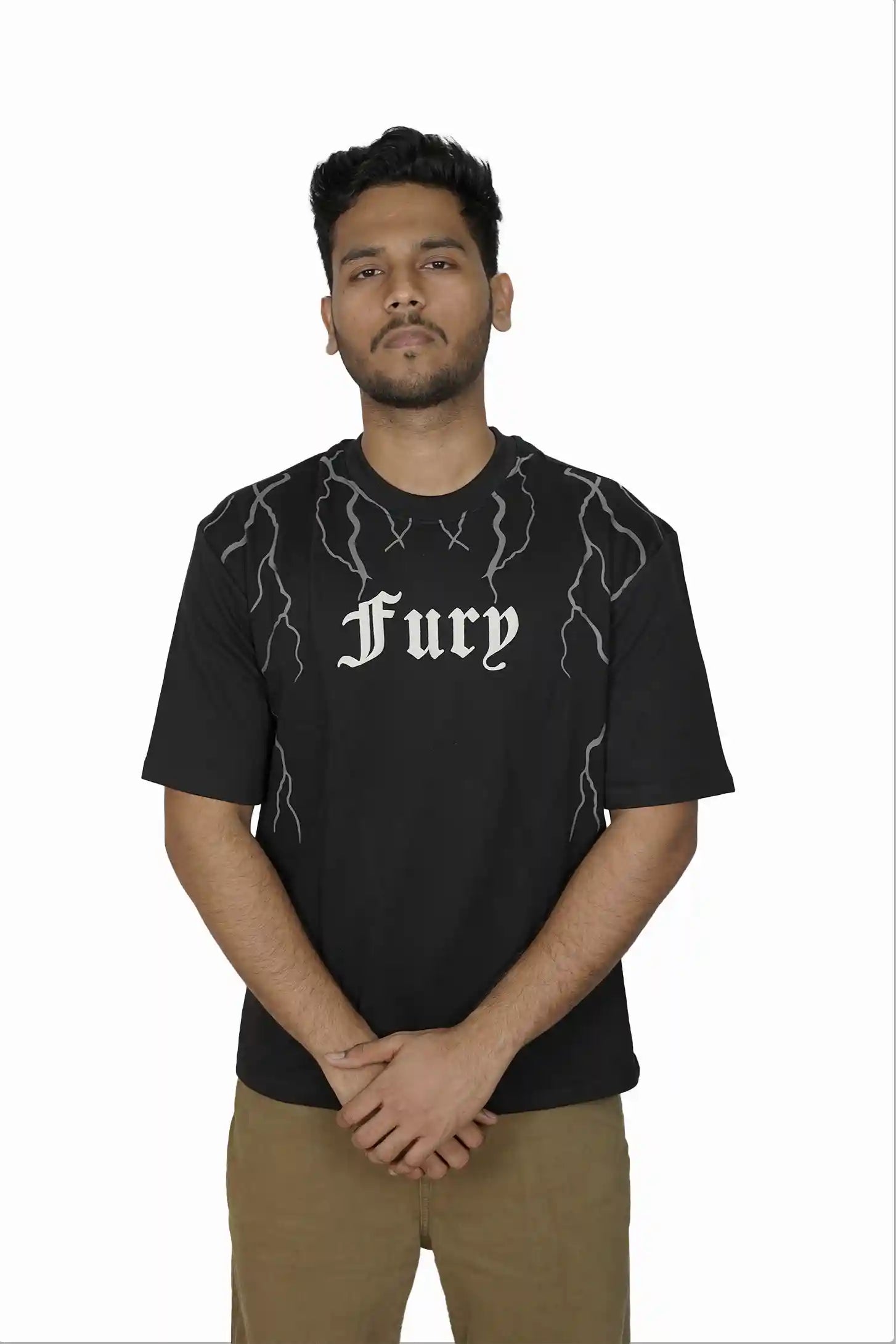 Kapda Kulture black puff print oversized t shirt for men India Fury model pose