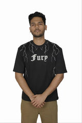 Kapda Kulture black puff print oversized t shirt for men India Fury model pose