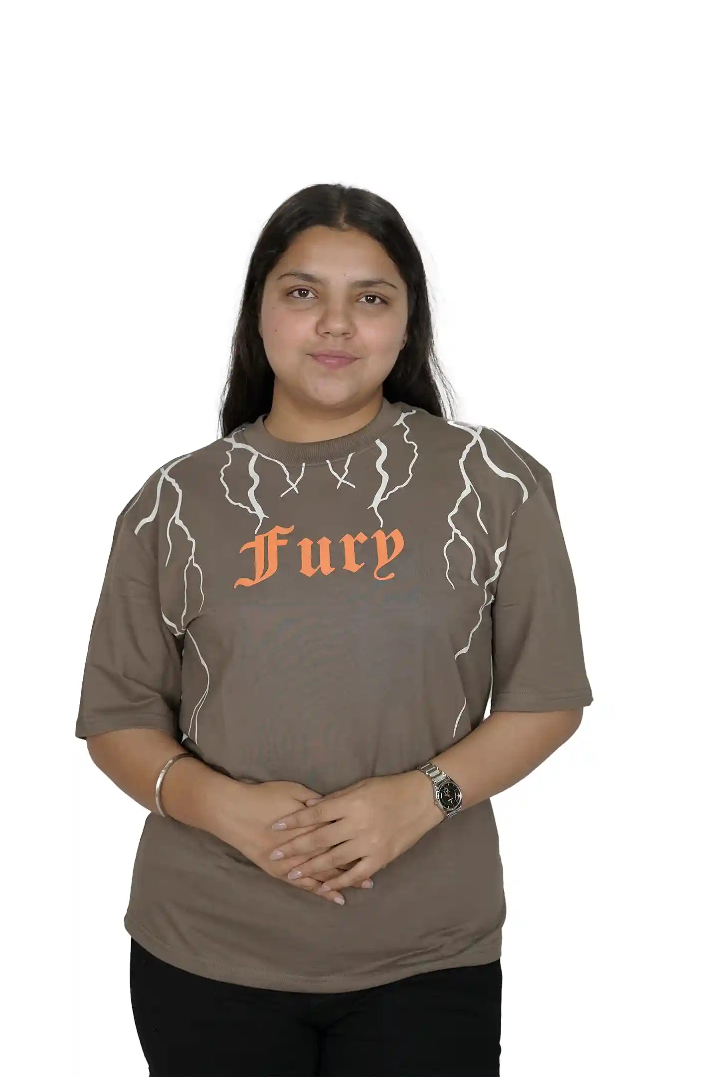 kapda kulture grey fury puff print t shirt for women front pose view