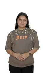 kapda kulture grey fury puff print t shirt for women front pose view