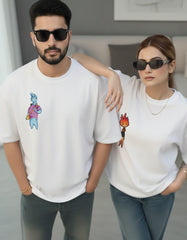 Matching oversized white t-shirts for couples styled with a relaxed streetwear vibe
