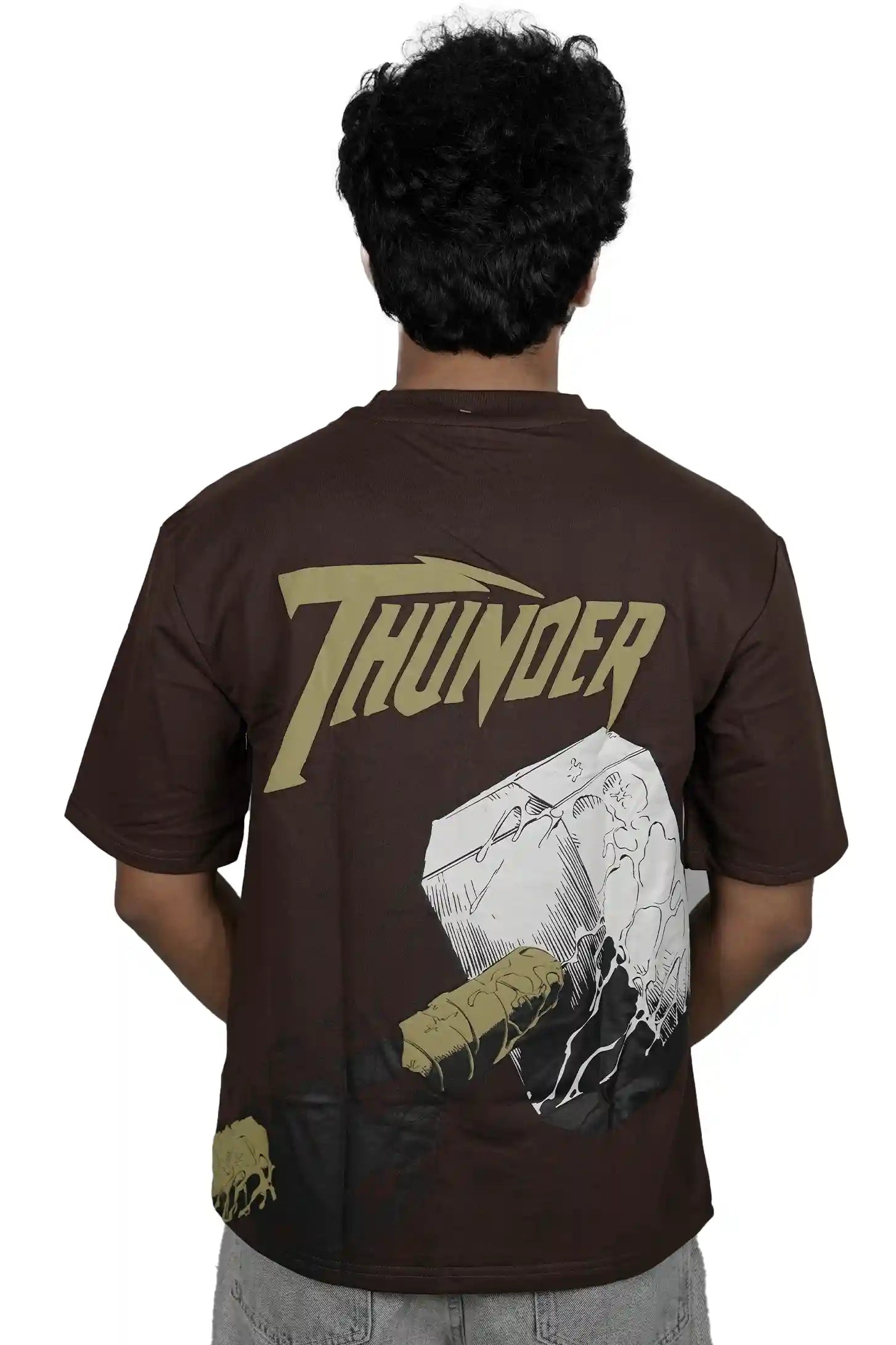 Kapda Kulture brown puff print oversized t shirt for men India Thor graphic back design