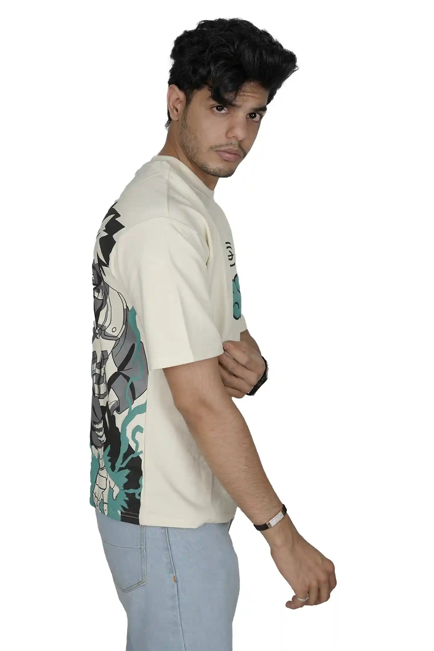 Kapda Kulture beige puff print oversized t shirt for men India anime ninja graphic side profile 
