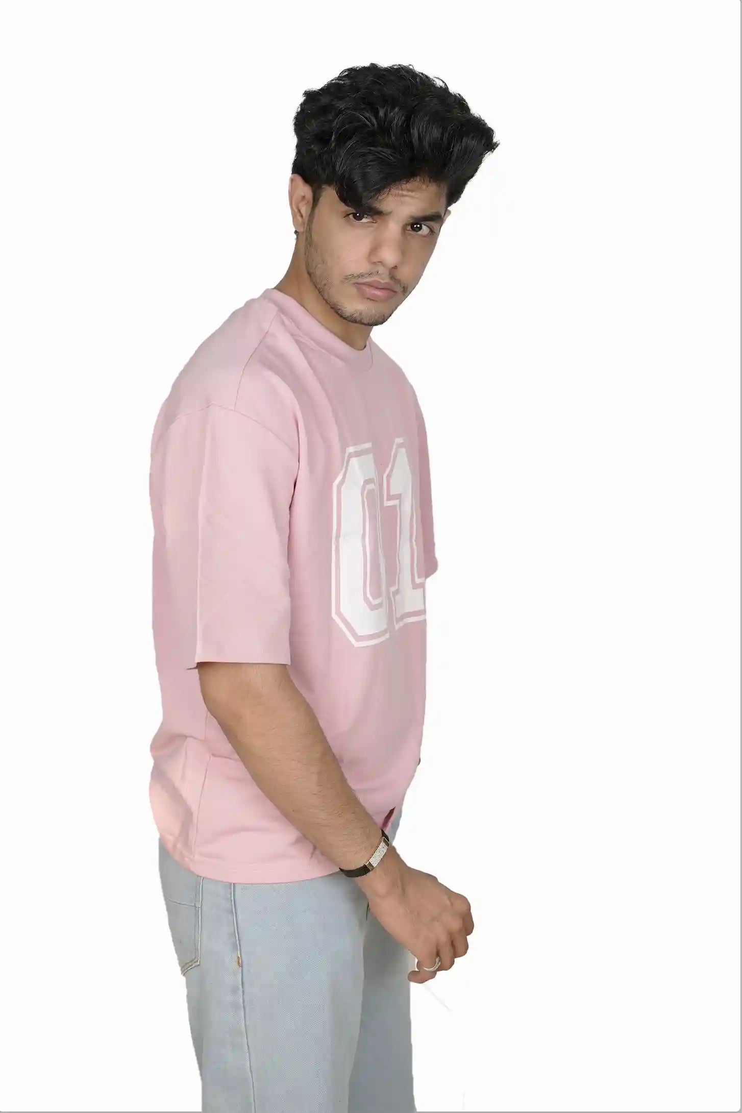 Kapda Kulture pink puff print oversized t shirt for men India 01 graphic front view