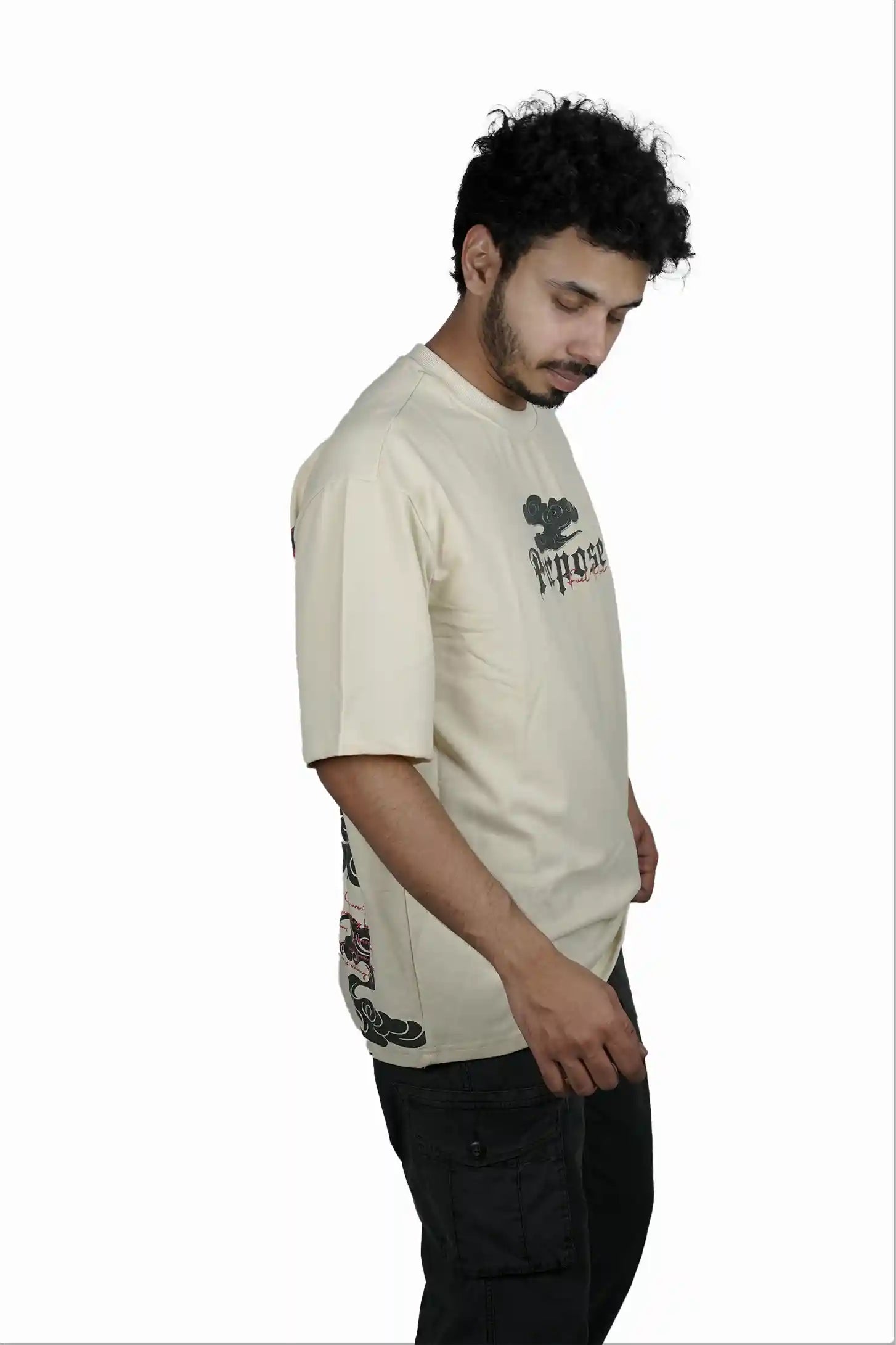 Kapda Kulture beige puff print oversized t shirt for men casual streetwear side profile look