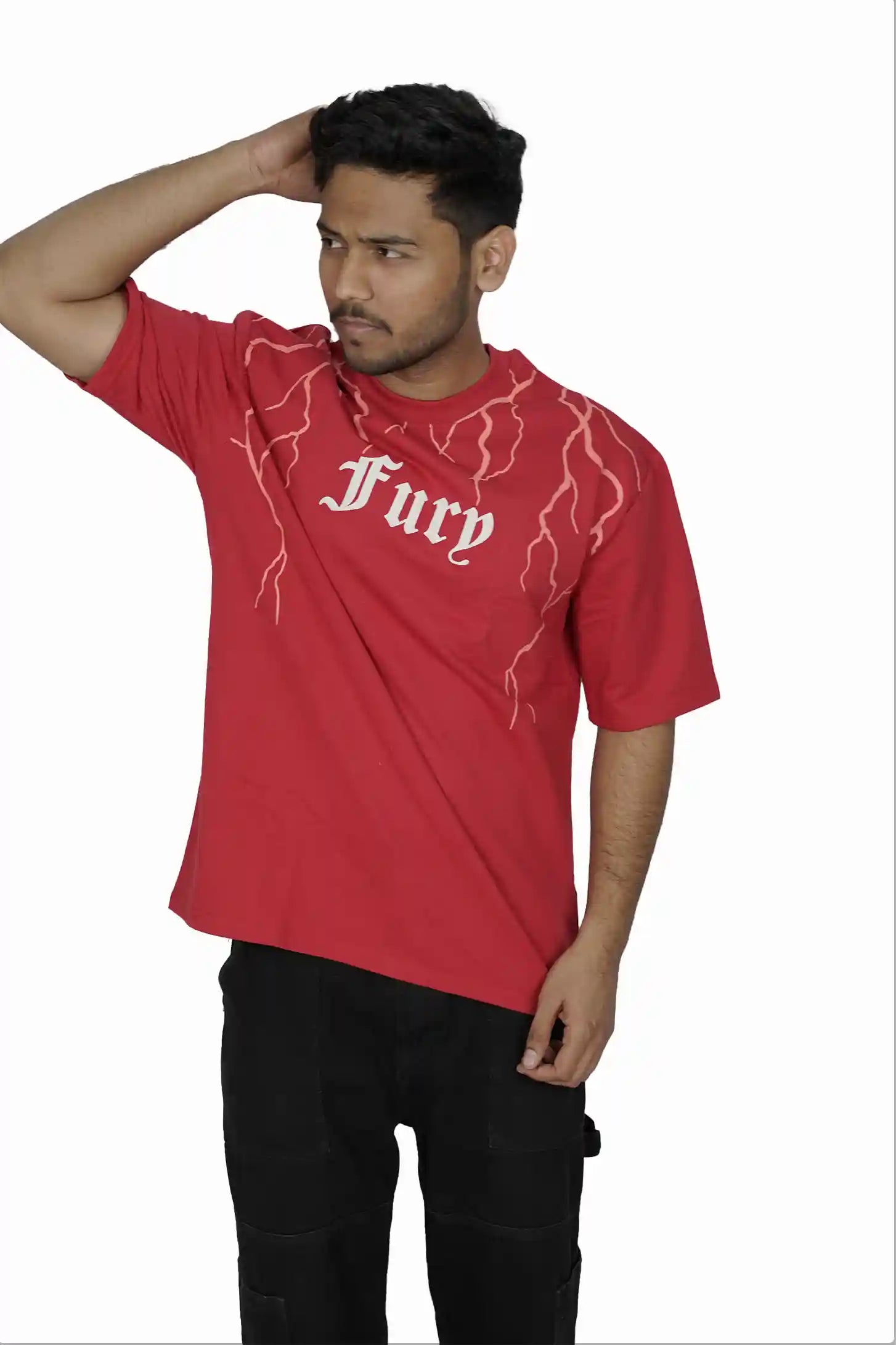 Kapda Kulture red puff print oversized t shirt for men India Fury model wear
