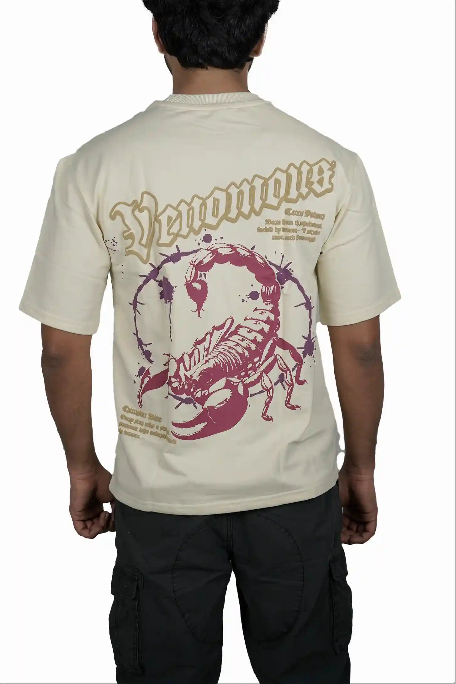Kapda Kulture beige puff print oversized t shirt graphic back design streetwear model pose
