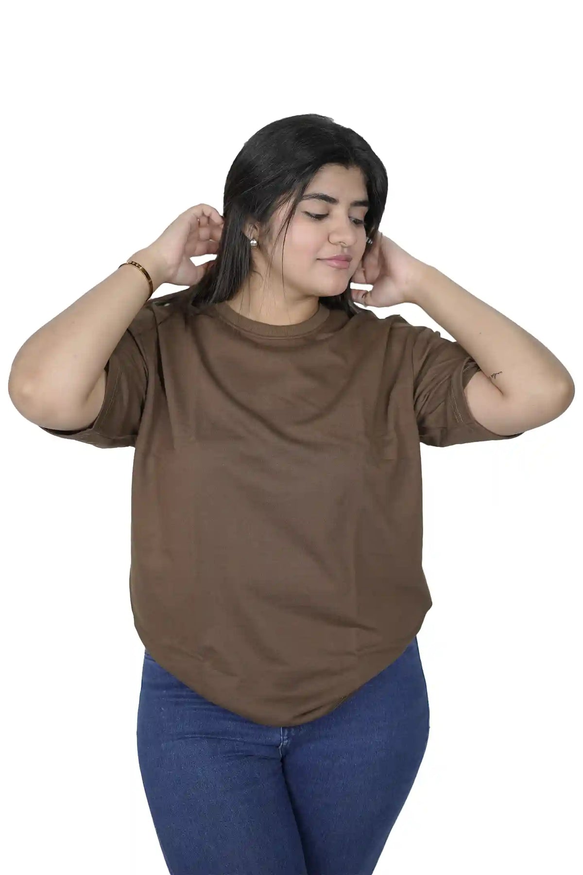 kapda kulture brown plain oversized t shirt for women front view