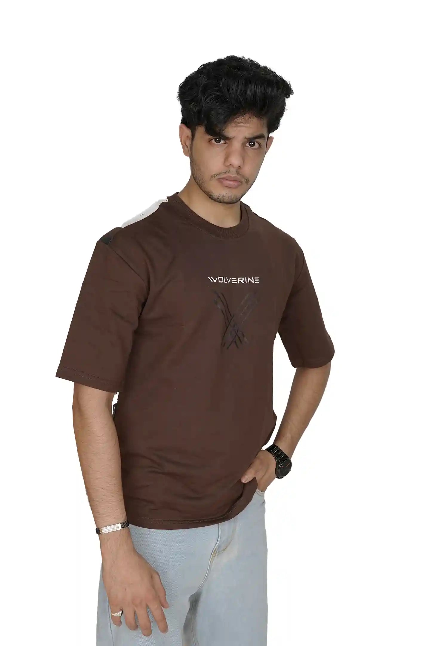 Kapda Kulture brown puff print oversized t shirt for men streetwear side profile look