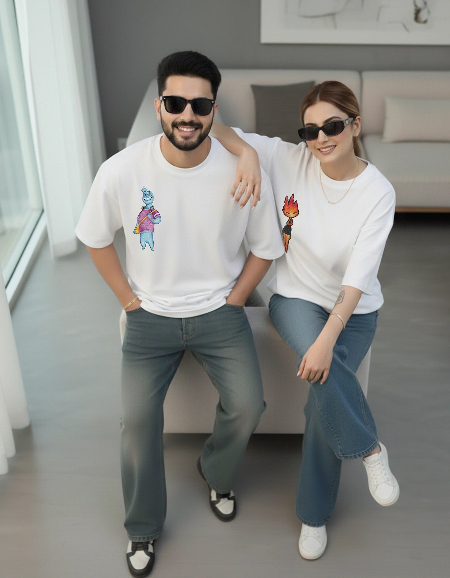 Modern couple outfit featuring white oversized t-shirts and everyday styling