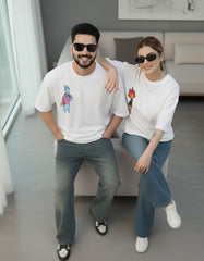 Modern couple outfit featuring white oversized t-shirts and everyday styling