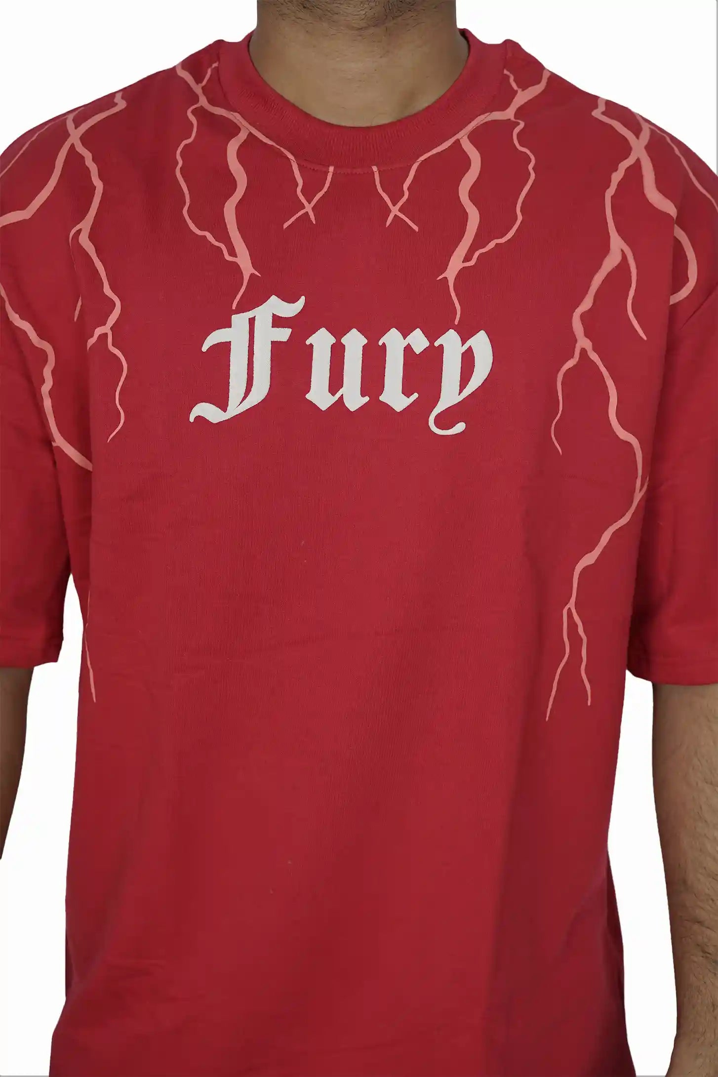 Kapda Kulture red puff print oversized t shirt for men India Fury typography close-up