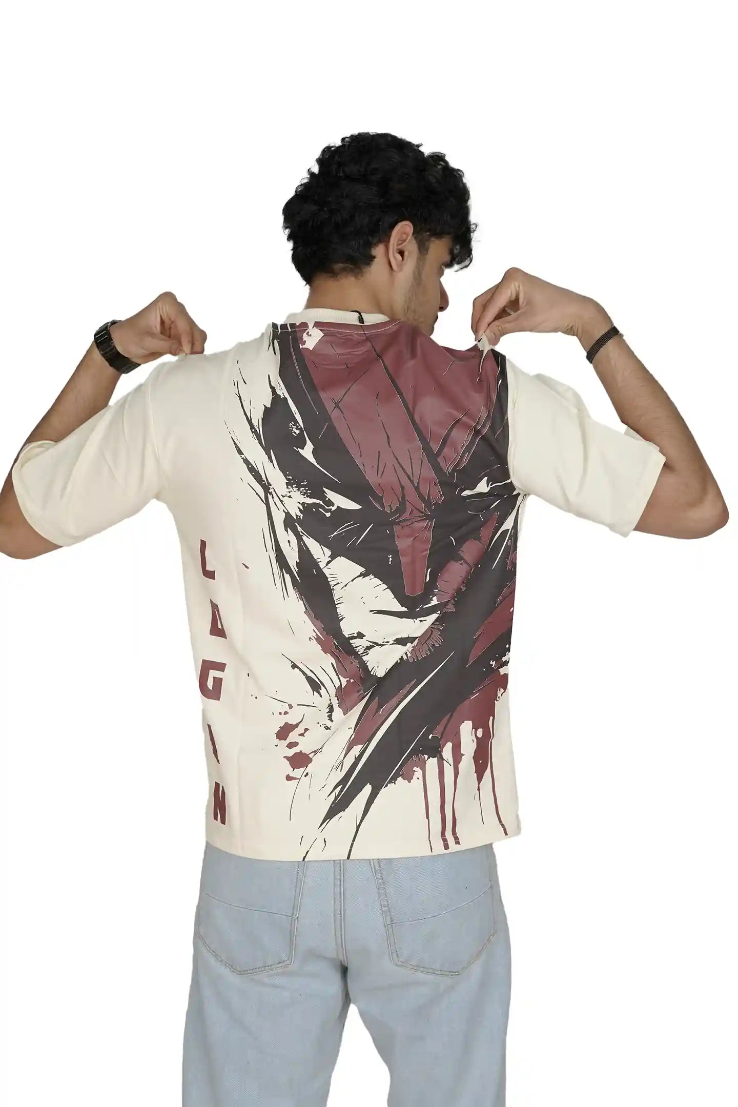 Kapda Kulture beige puff print oversized t shirt for men claw graphic back design streetwear
