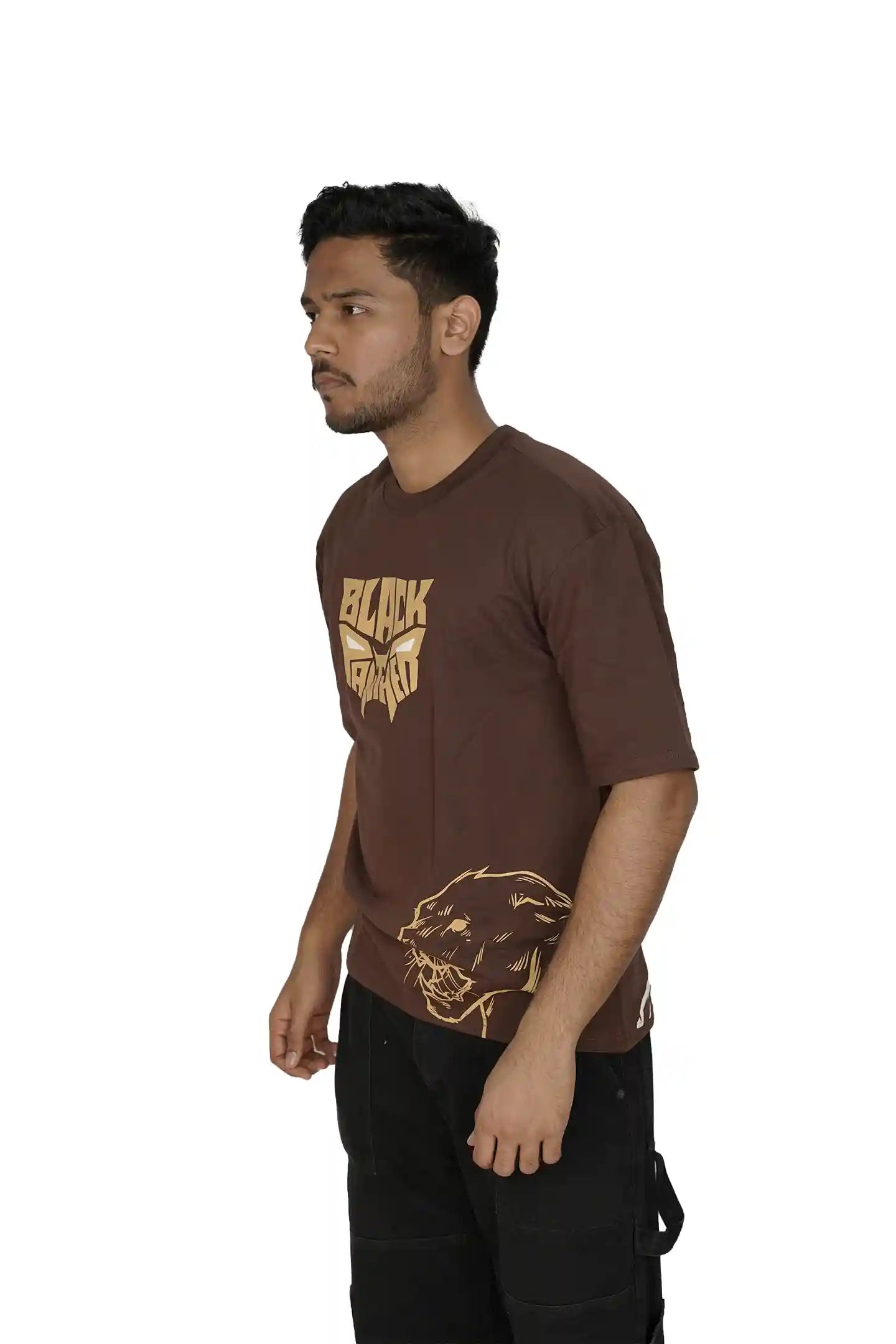 Kapda Kulture brown oversized t shirt for men puff print streetwear side styling look