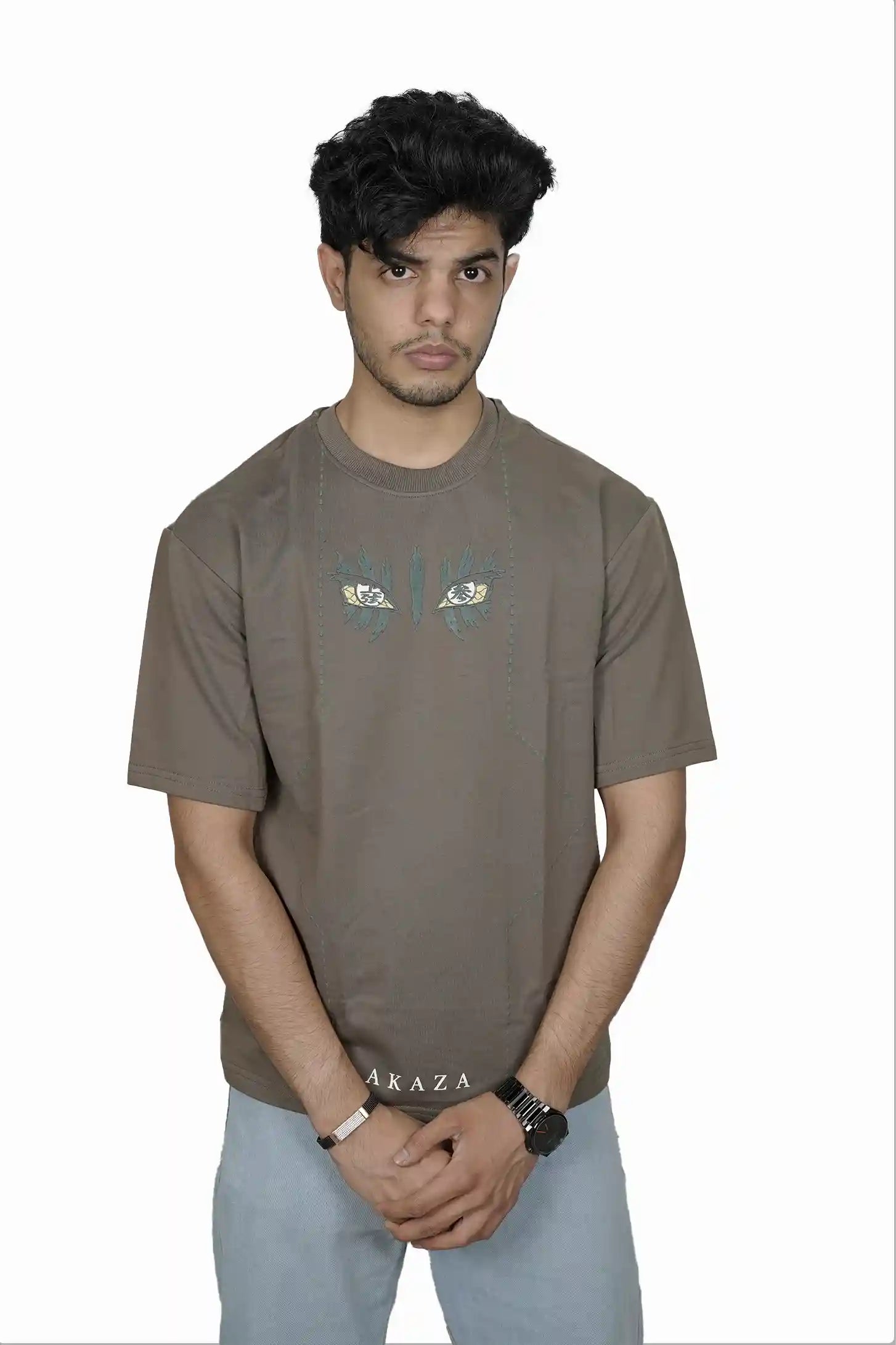 Kapda Kulture olive puff print oversized t shirt for men casual streetwear front view