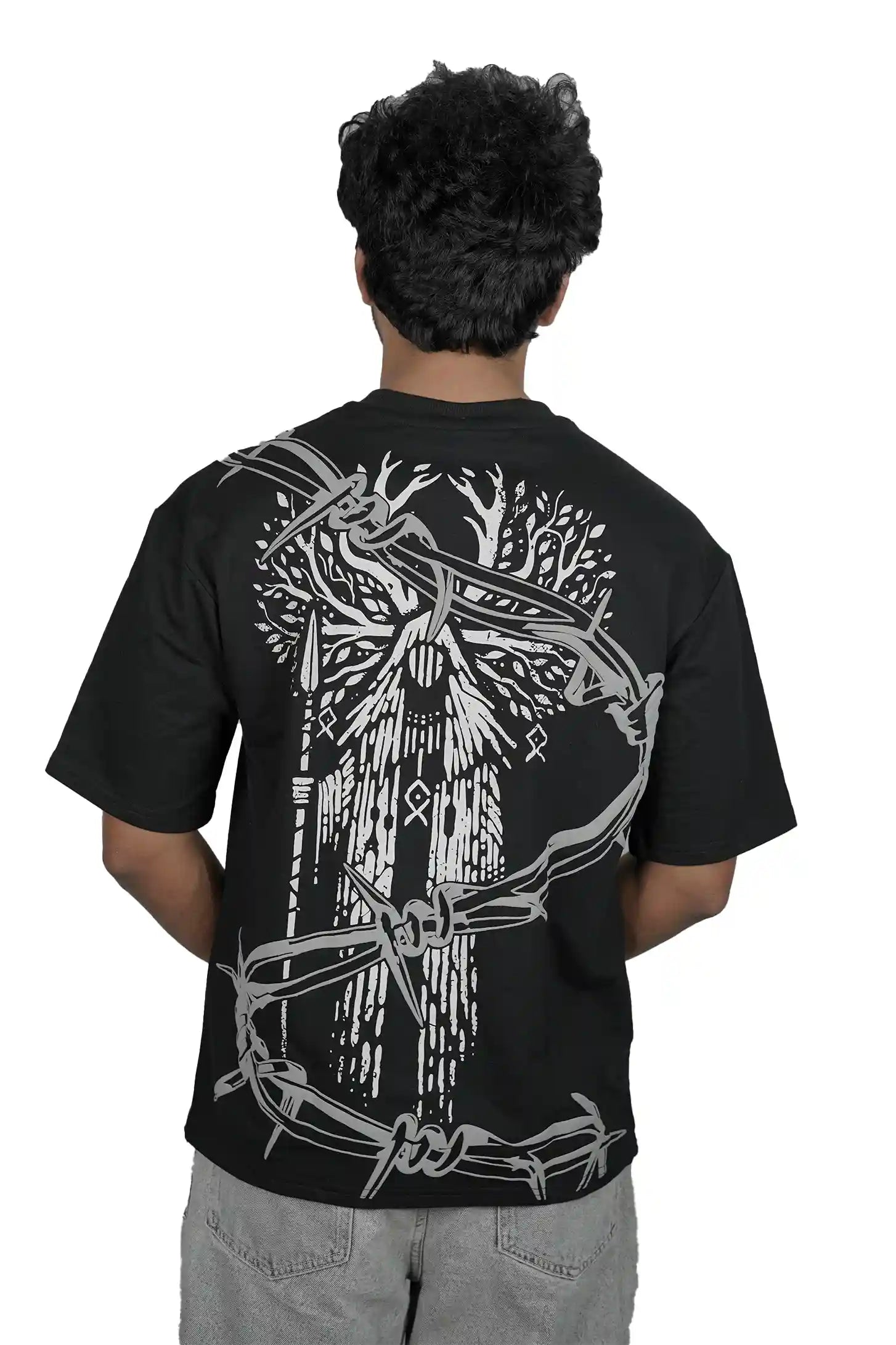 Kapda Kulture black puff print oversized t shirt for men India haunted skeleton graphic back view streetwear