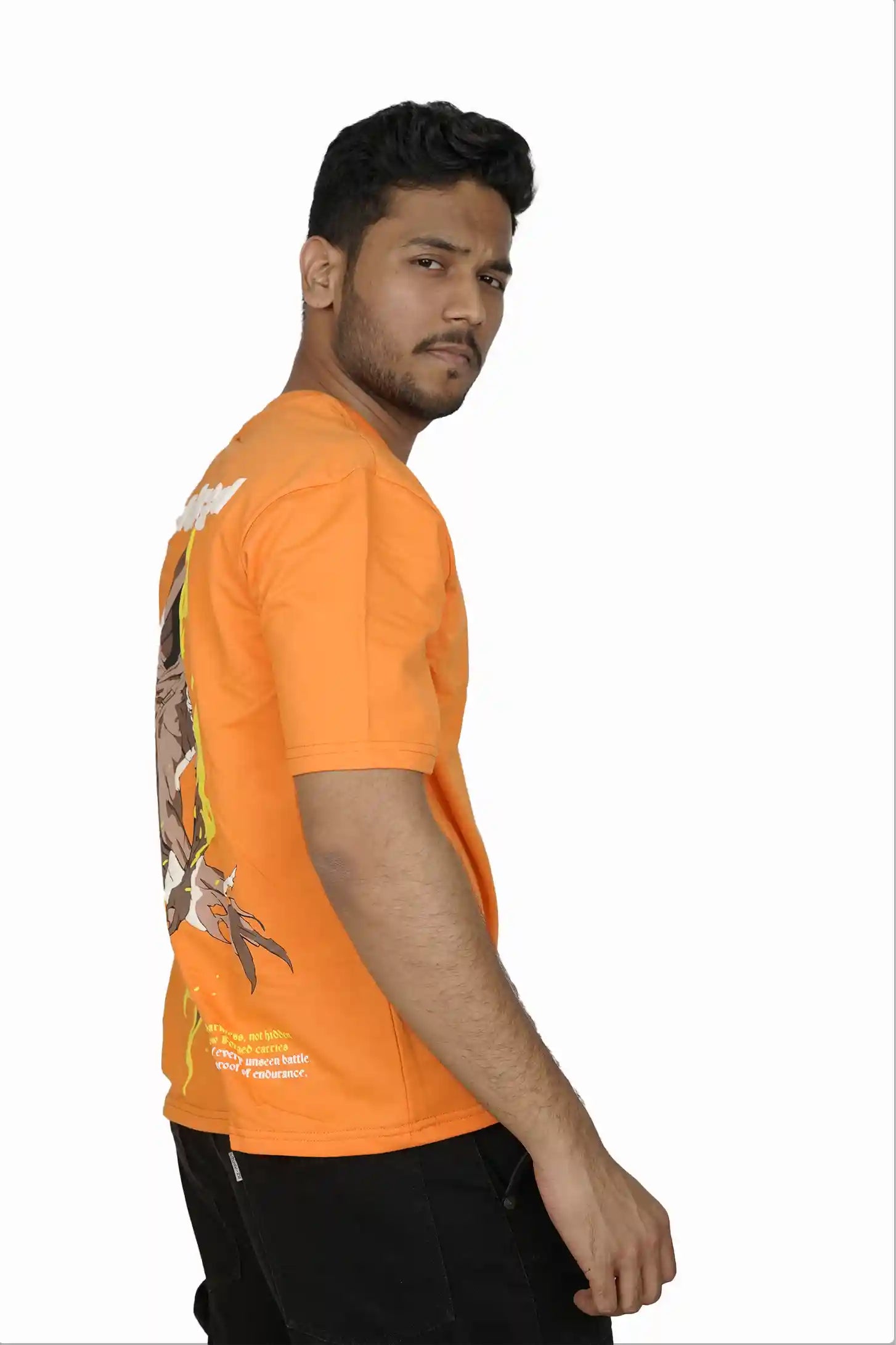 Kapda Kulture orange puff print oversized t shirt streetwear side profile styling look