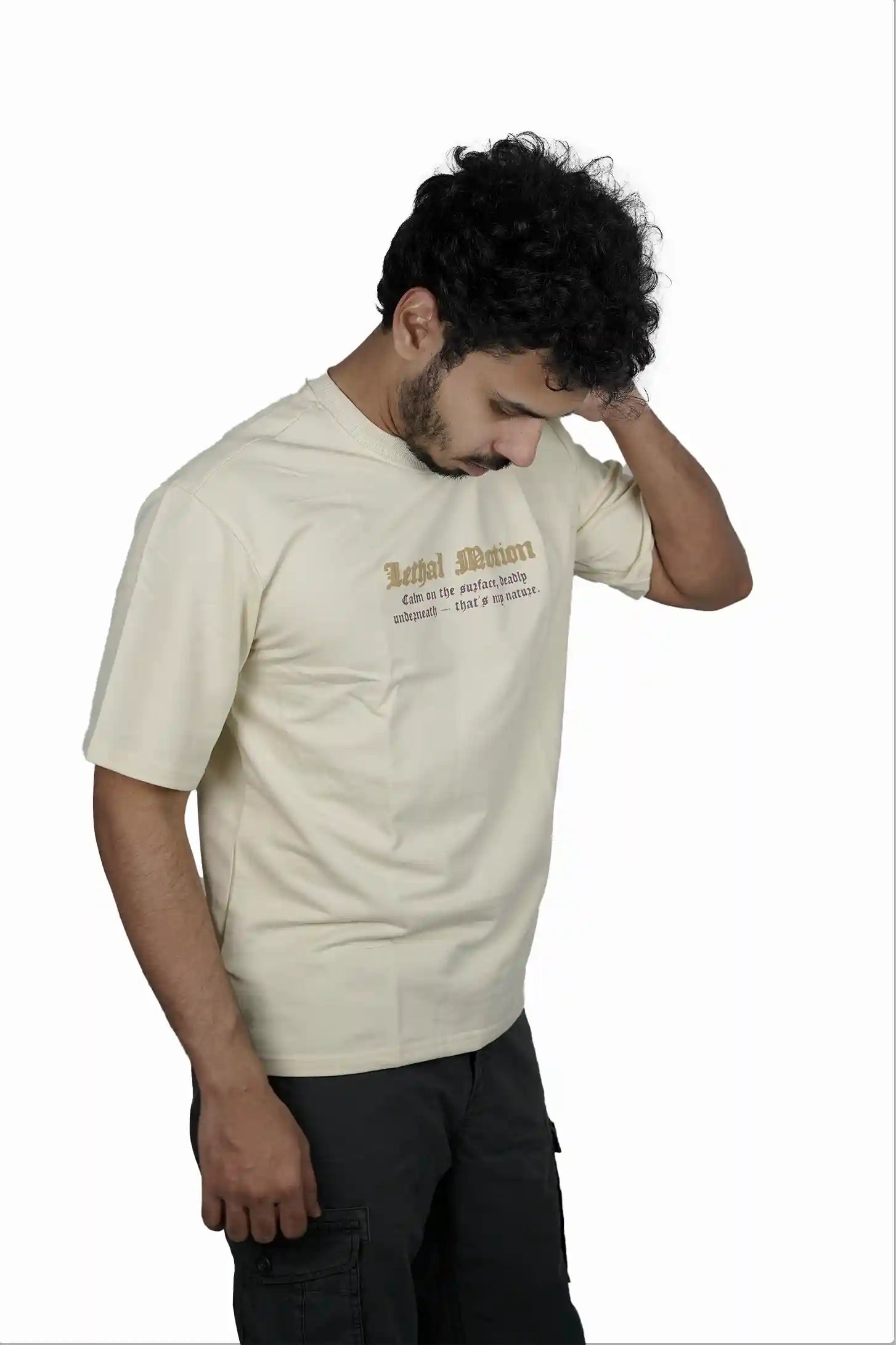 Kapda Kulture beige oversized t shirt for men puff print casual streetwear front styling