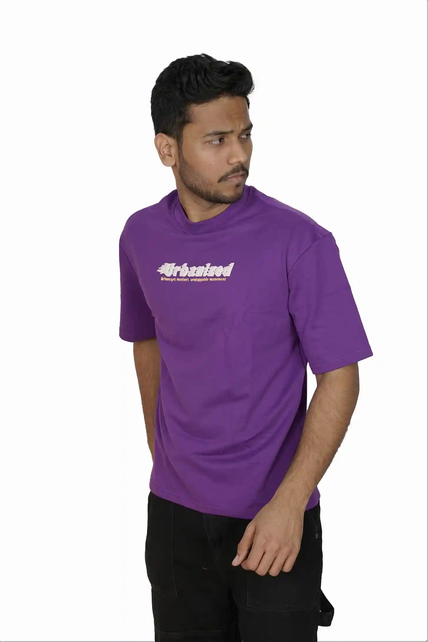 Kapda Kulture purple puff print oversized t shirt for men India streetwear graphic front view