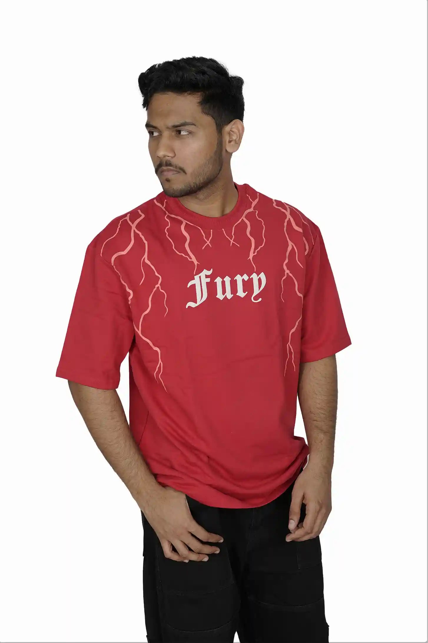 Kapda Kulture red puff print oversized t shirt for men India Fury casual streetwear outfit