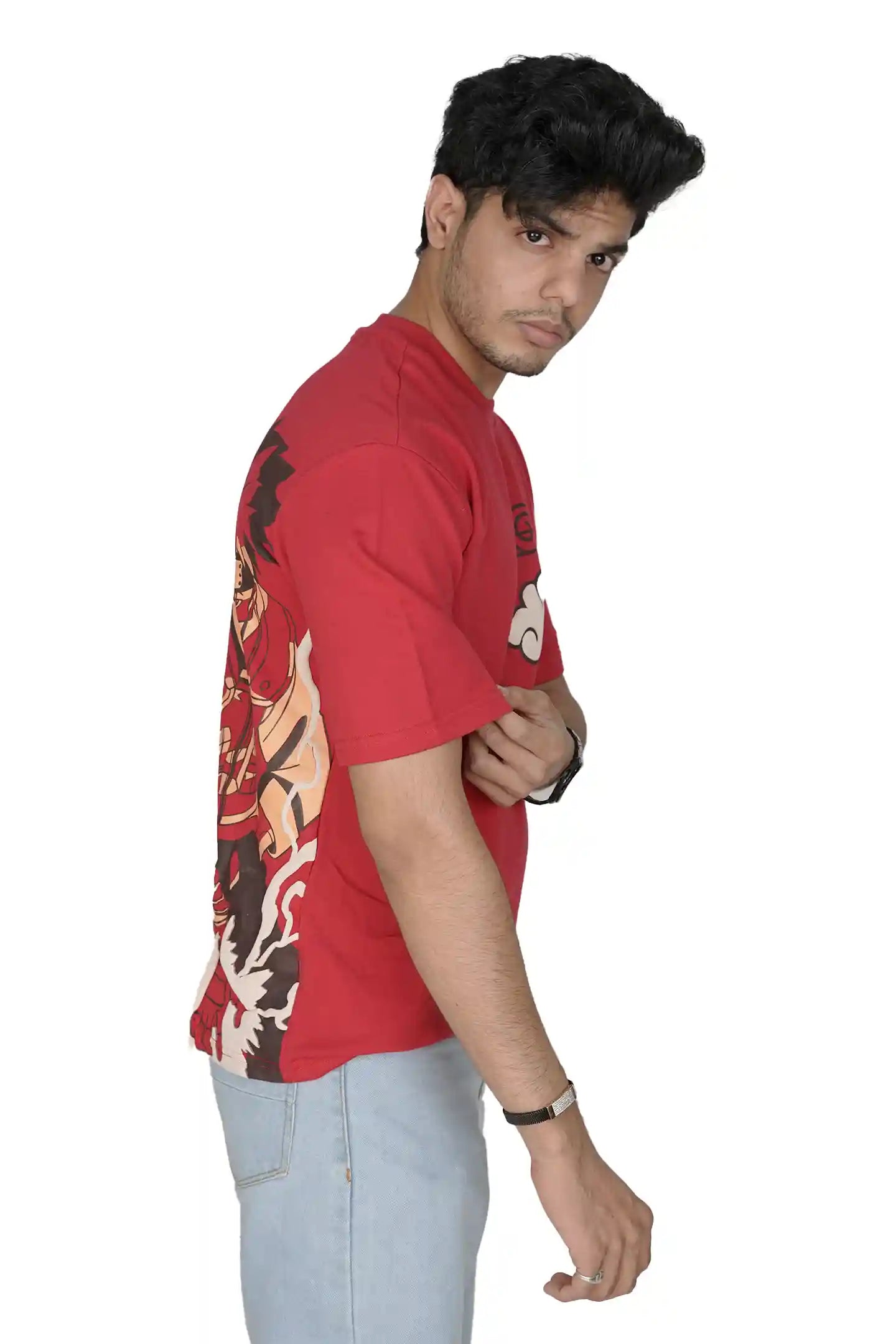 Kapda Kulture red puff print oversized t shirt for men India kakashi naruto inspired anime graphic side profile