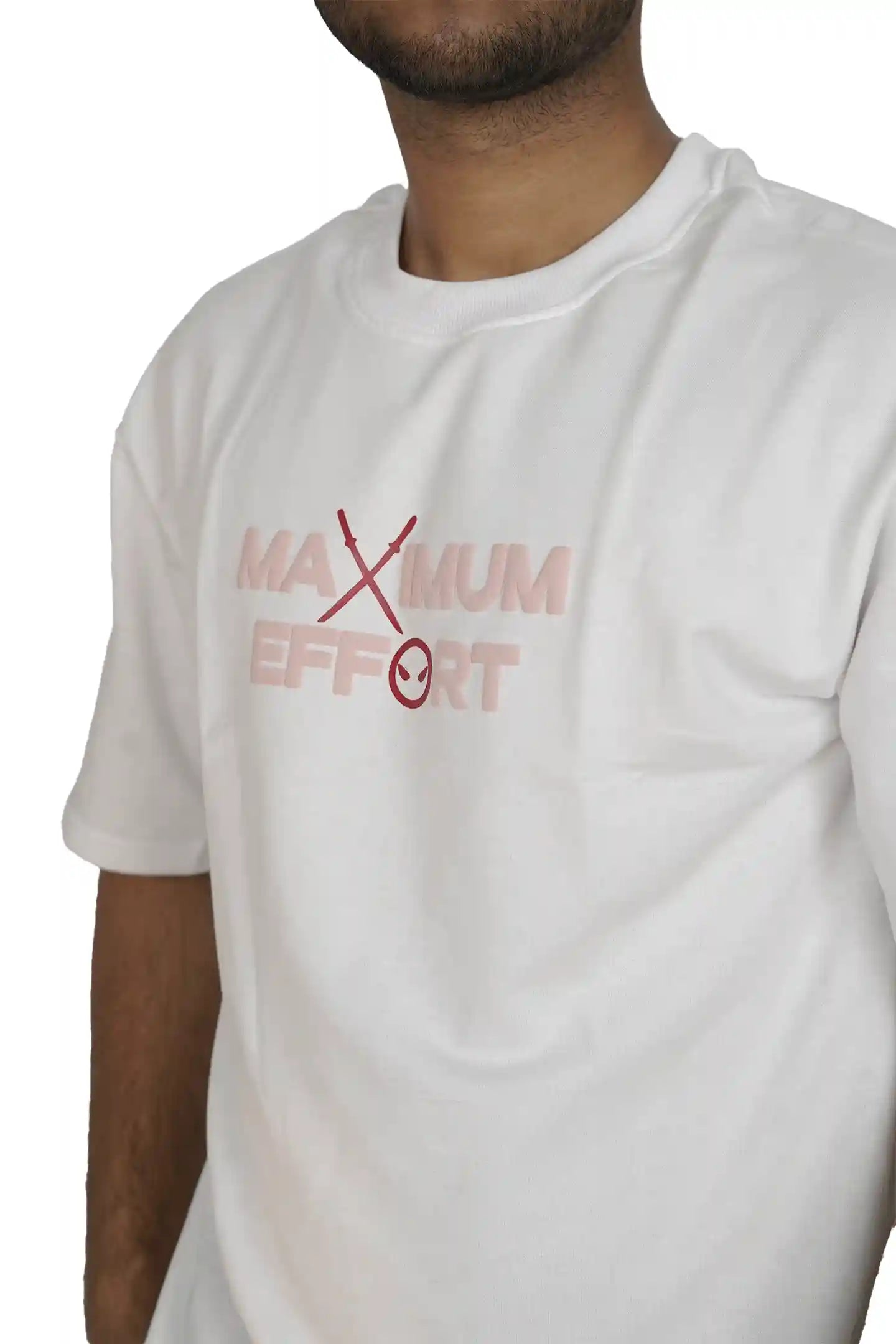 Kapda Kulture white puff print oversized t shirt for men graphic detail front close up