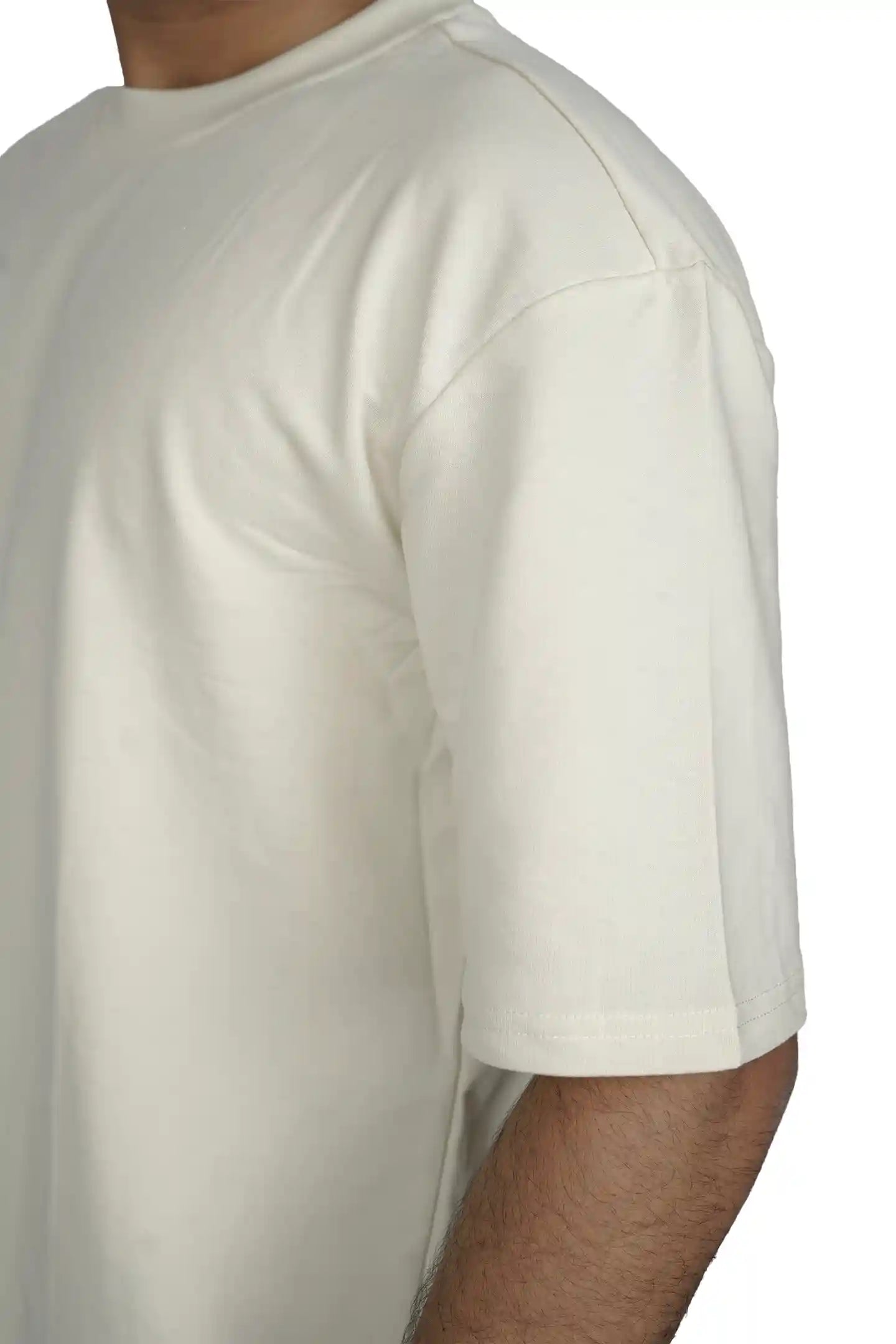 Kapda Kulture beige plain oversized t shirt for men India fabric close-up
