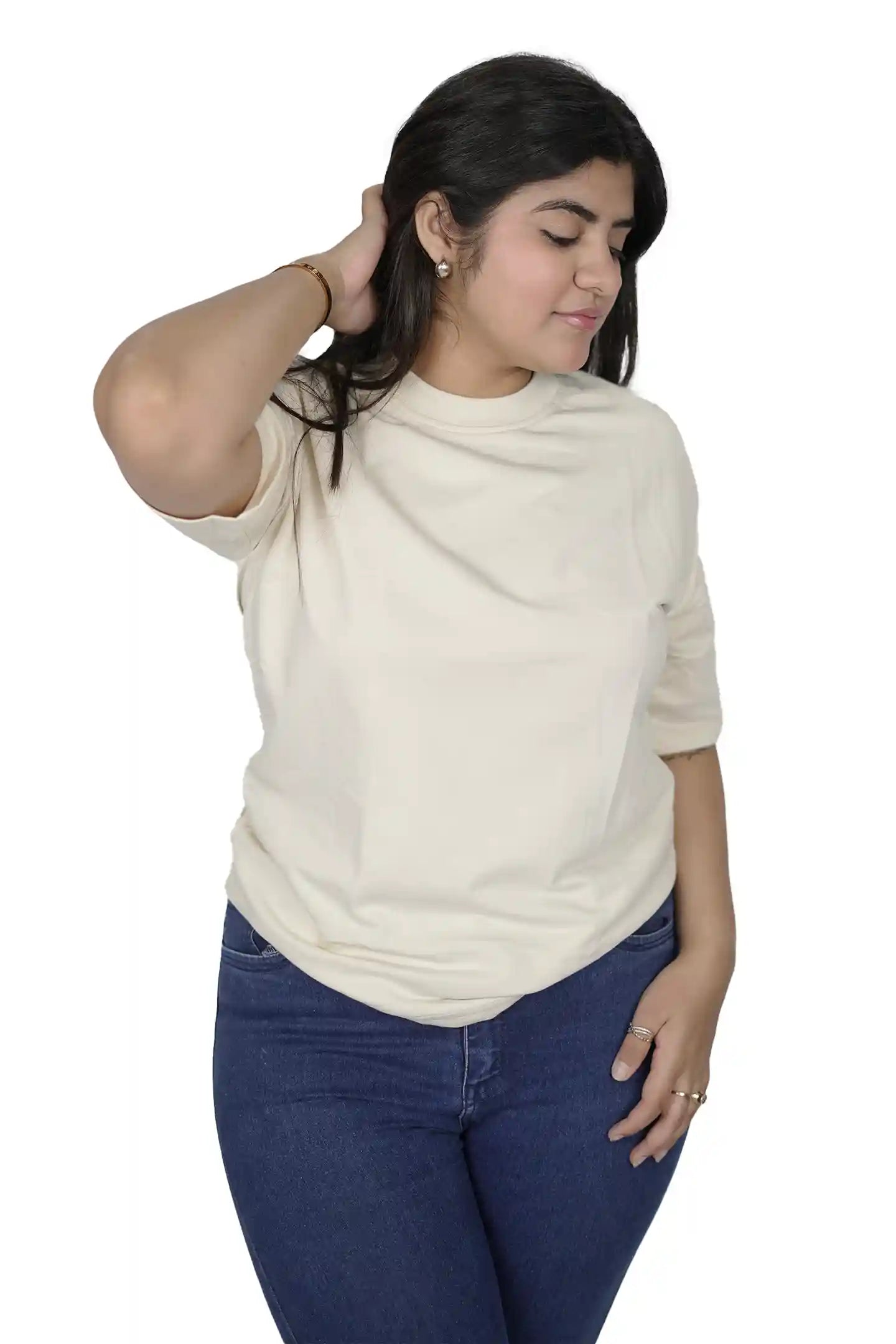 kapda kulture cream plain oversized t shirt for women front angled view