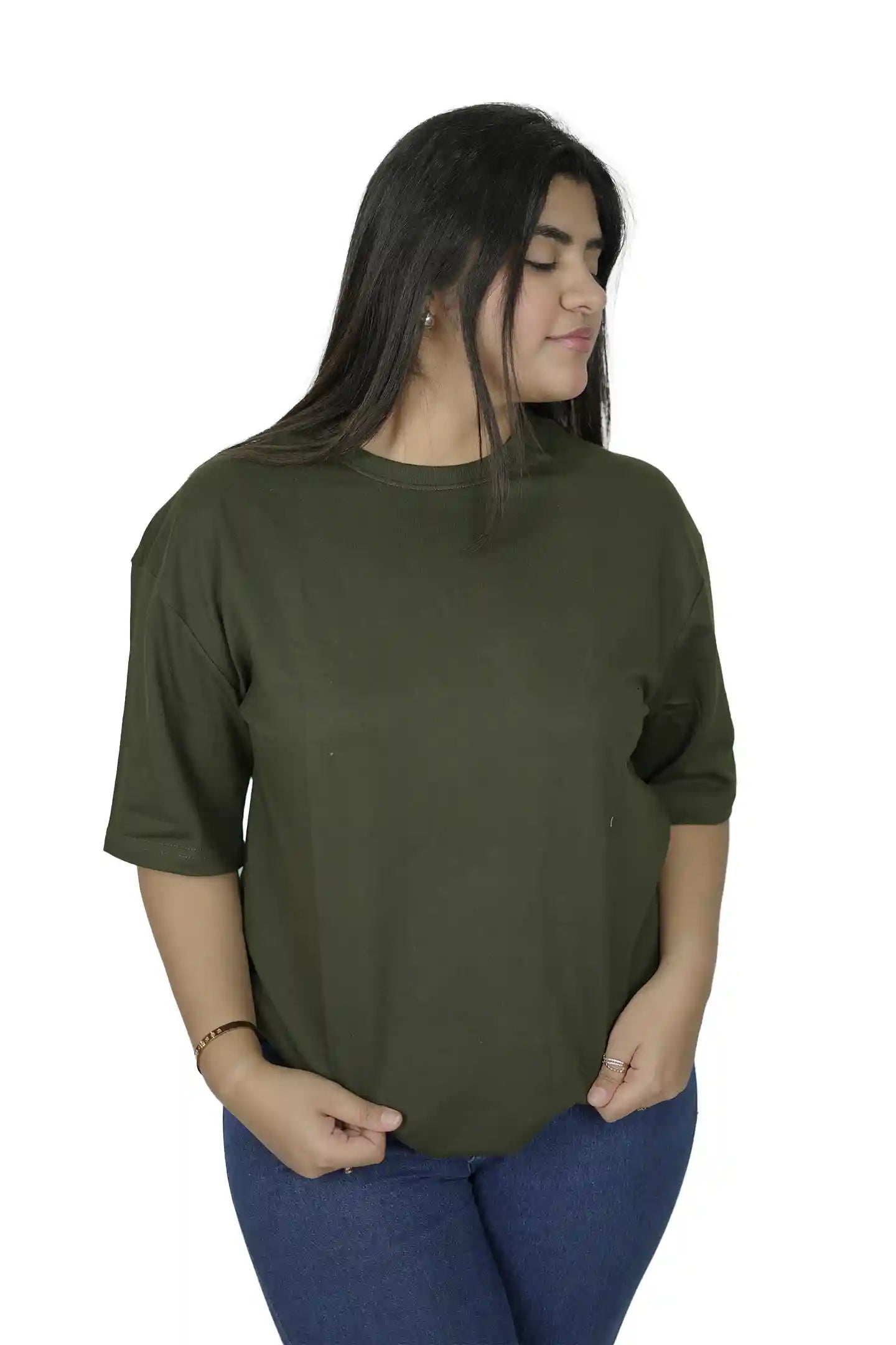 kapda kulture olive green plain oversized t shirt for women front angled view