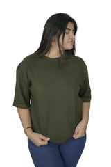kapda kulture olive green plain oversized t shirt for women front angled view