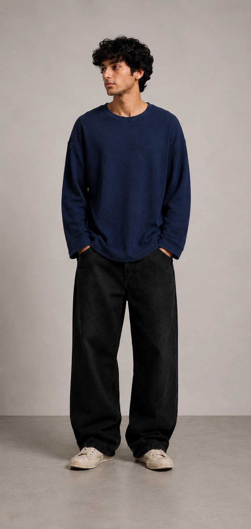 Navy Blue Waffle Knit Oversized Full Sleeve T-Shirt