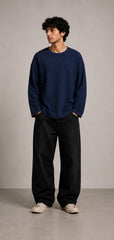 Navy Blue Waffle Knit Oversized Full Sleeve T-Shirt