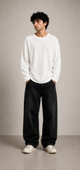 Off White Waffle Knit Oversized Full Sleeve T-Shirt