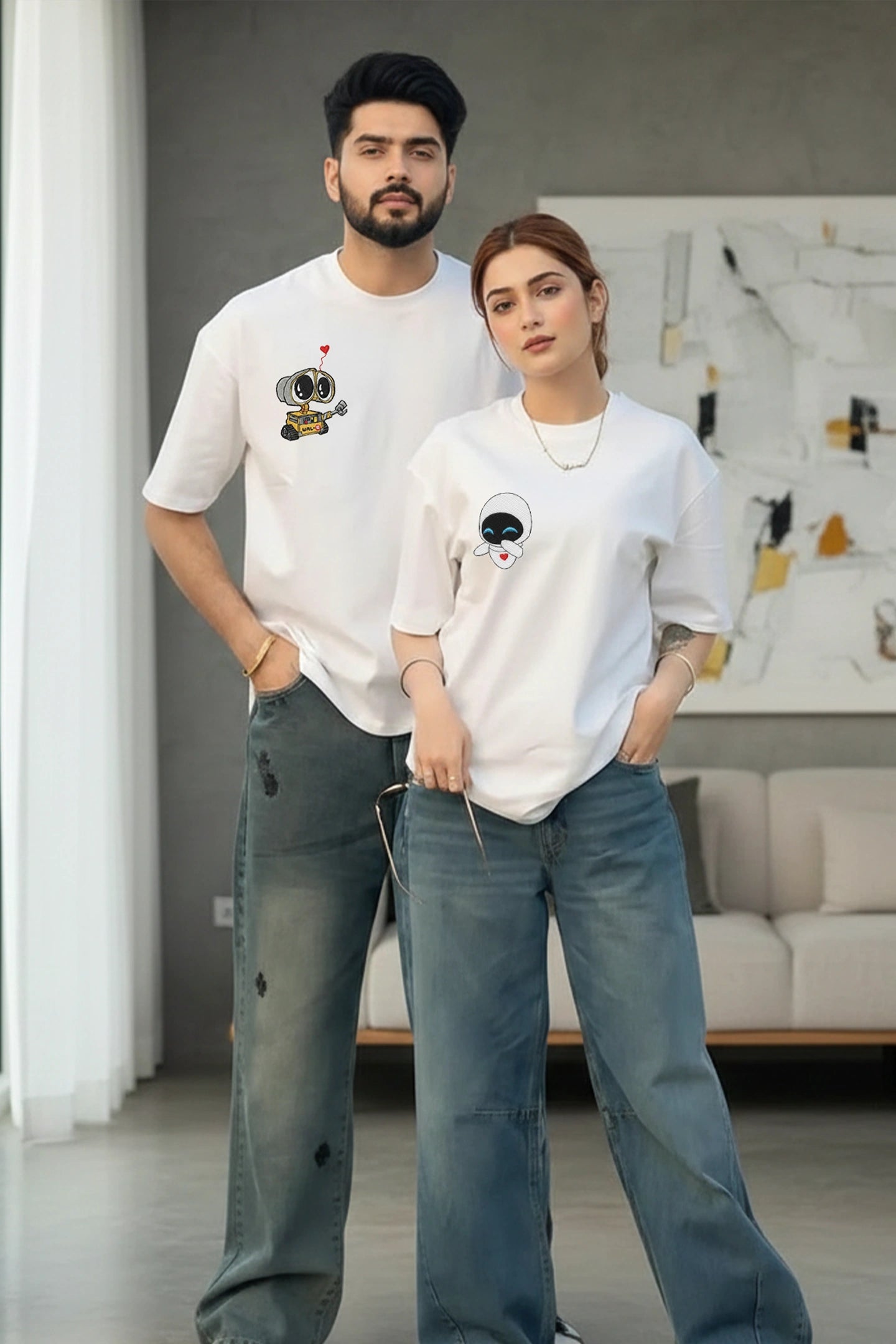 matching white oversized couple t shirts for men and women casual streetwear India Kapda Kulture