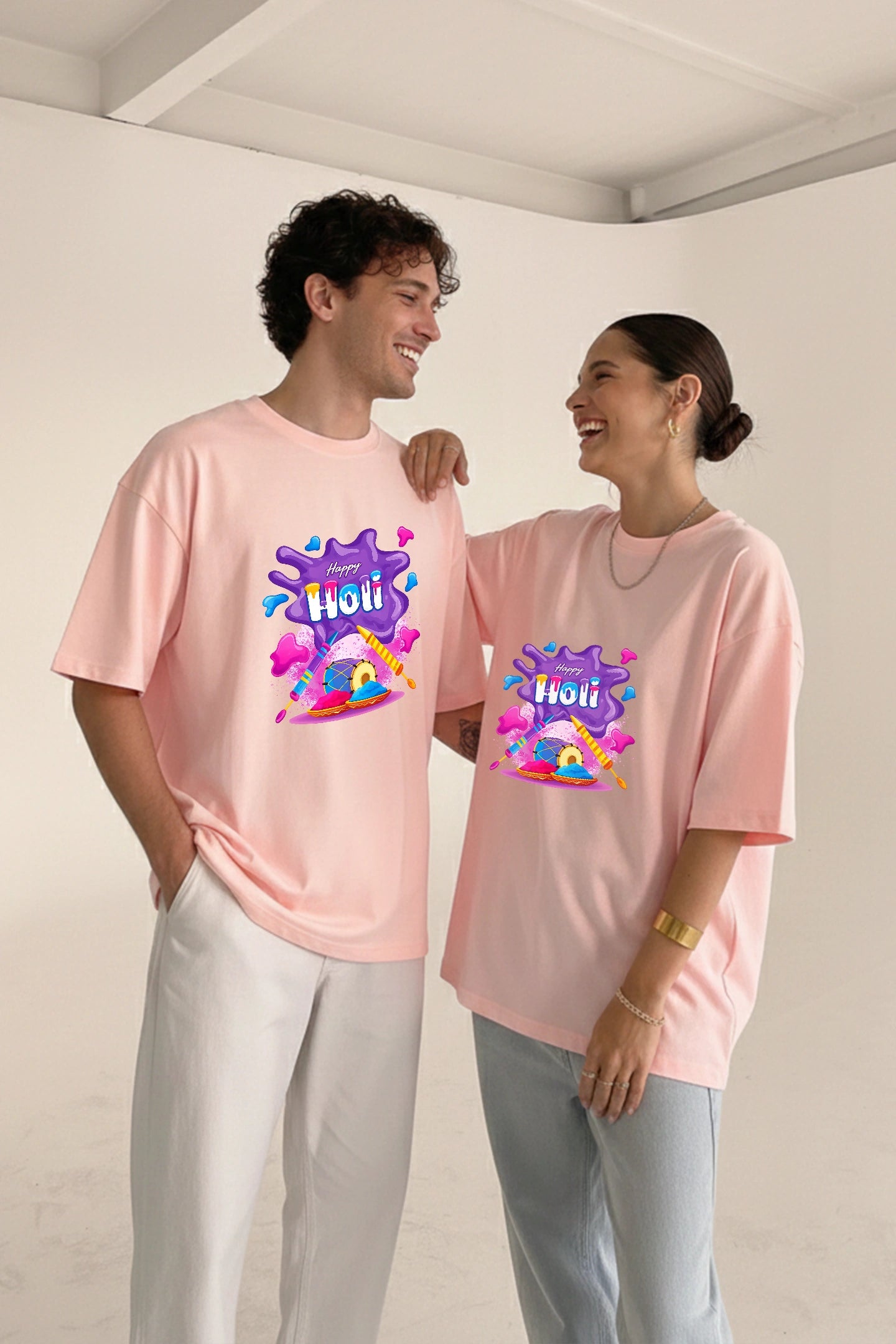 Matching oversized Holi couple t shirts India Kapda Kulture aesthetic streetwear front view men and women