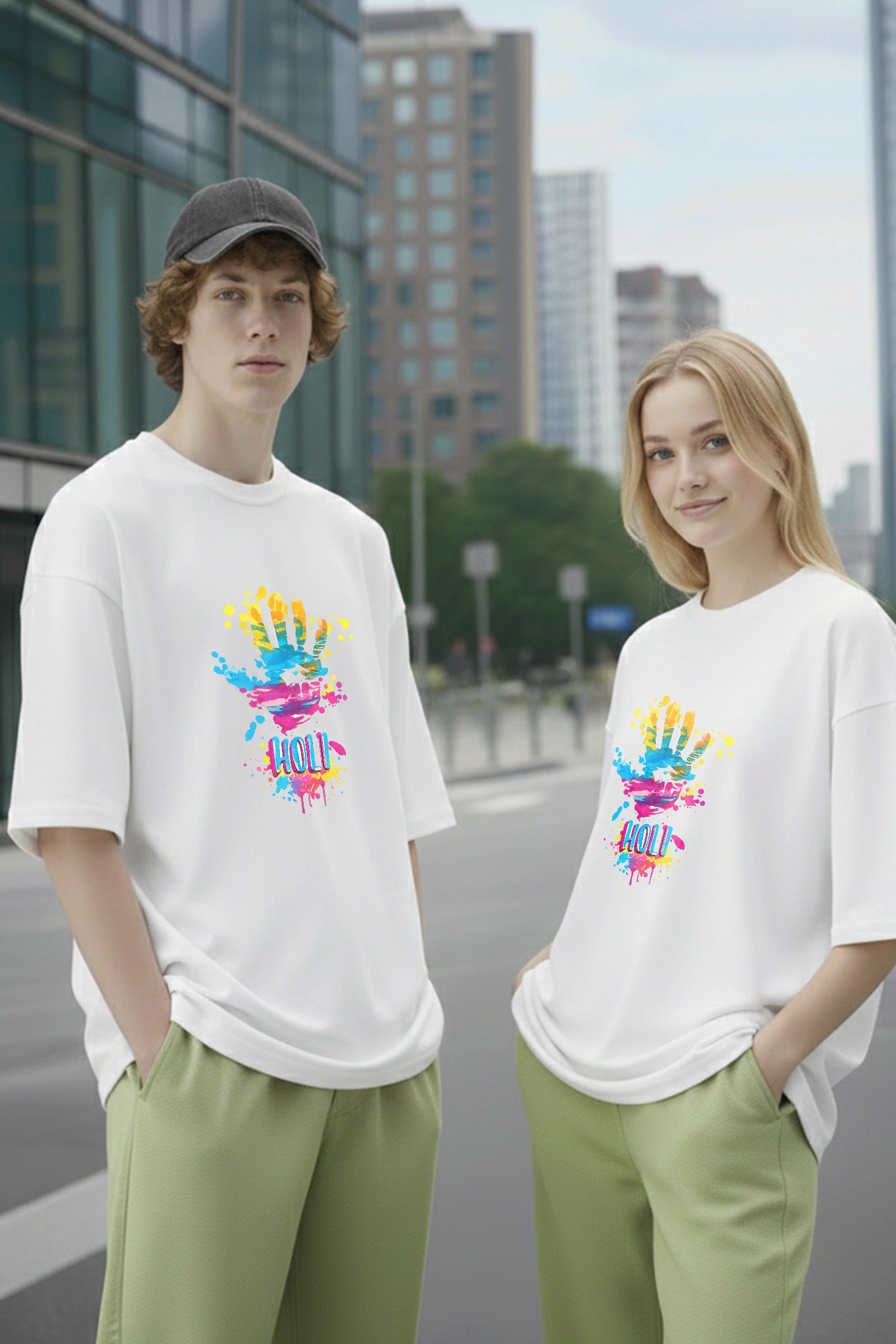 White oversized t shirt for couples with colorful Holi graphic Kapda Kulture streetwear India close front design