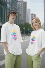 White oversized t shirt for couples with colorful Holi graphic Kapda Kulture streetwear India close front design
