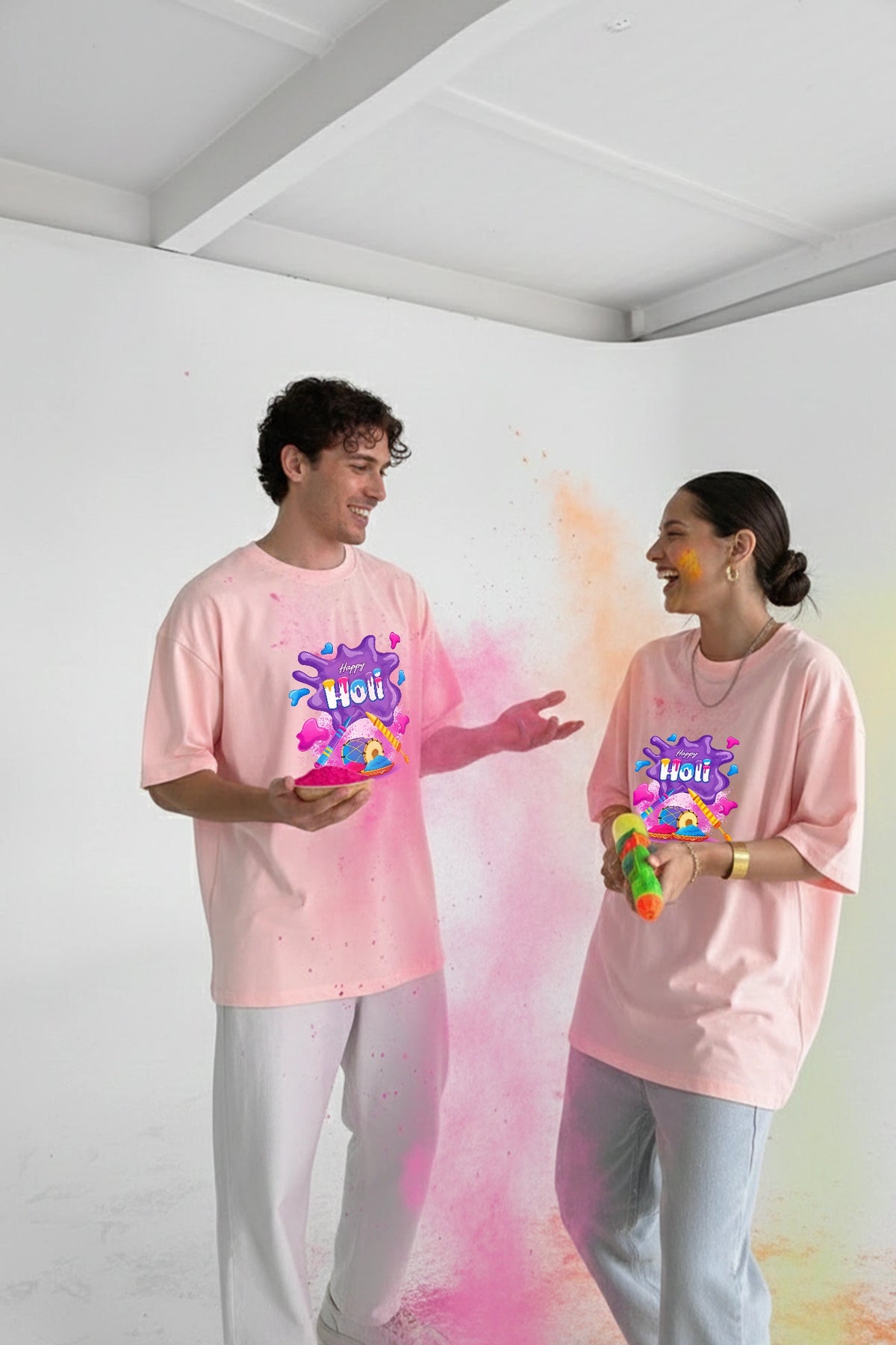 Holi oversized couple t shirt for men and women India Kapda Kulture matching streetwear outfit with colorful festival vibe