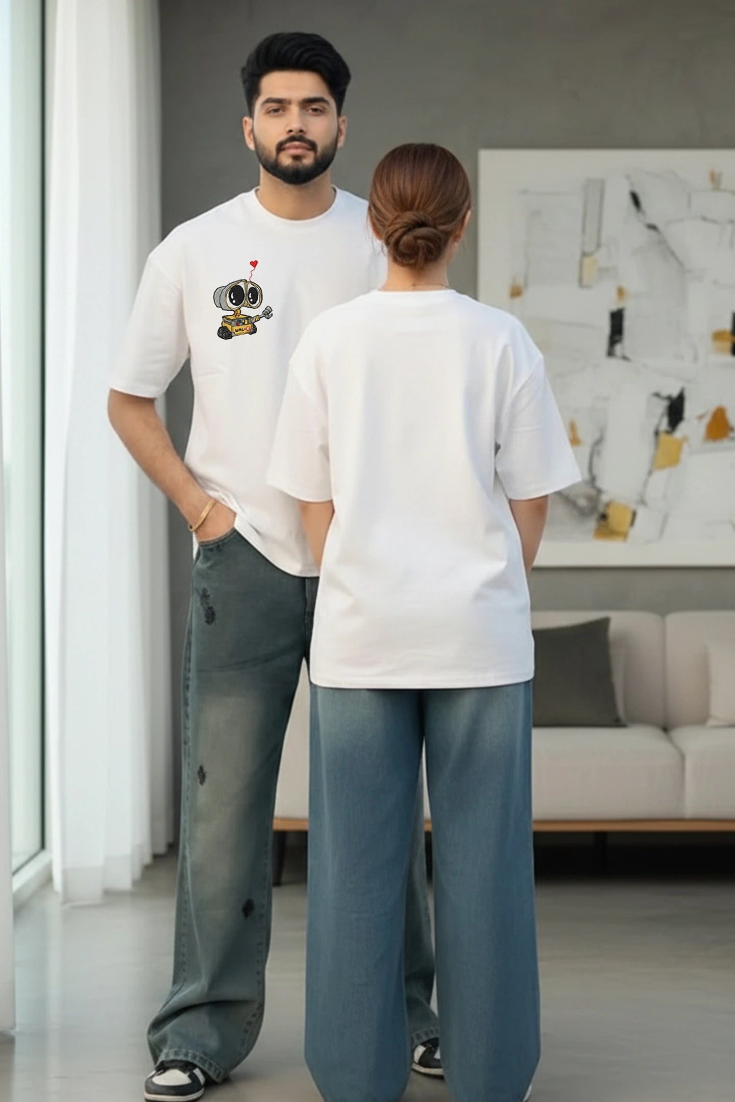 matching oversized white couple t shirts front and back look for men and women India Kapda Kulture