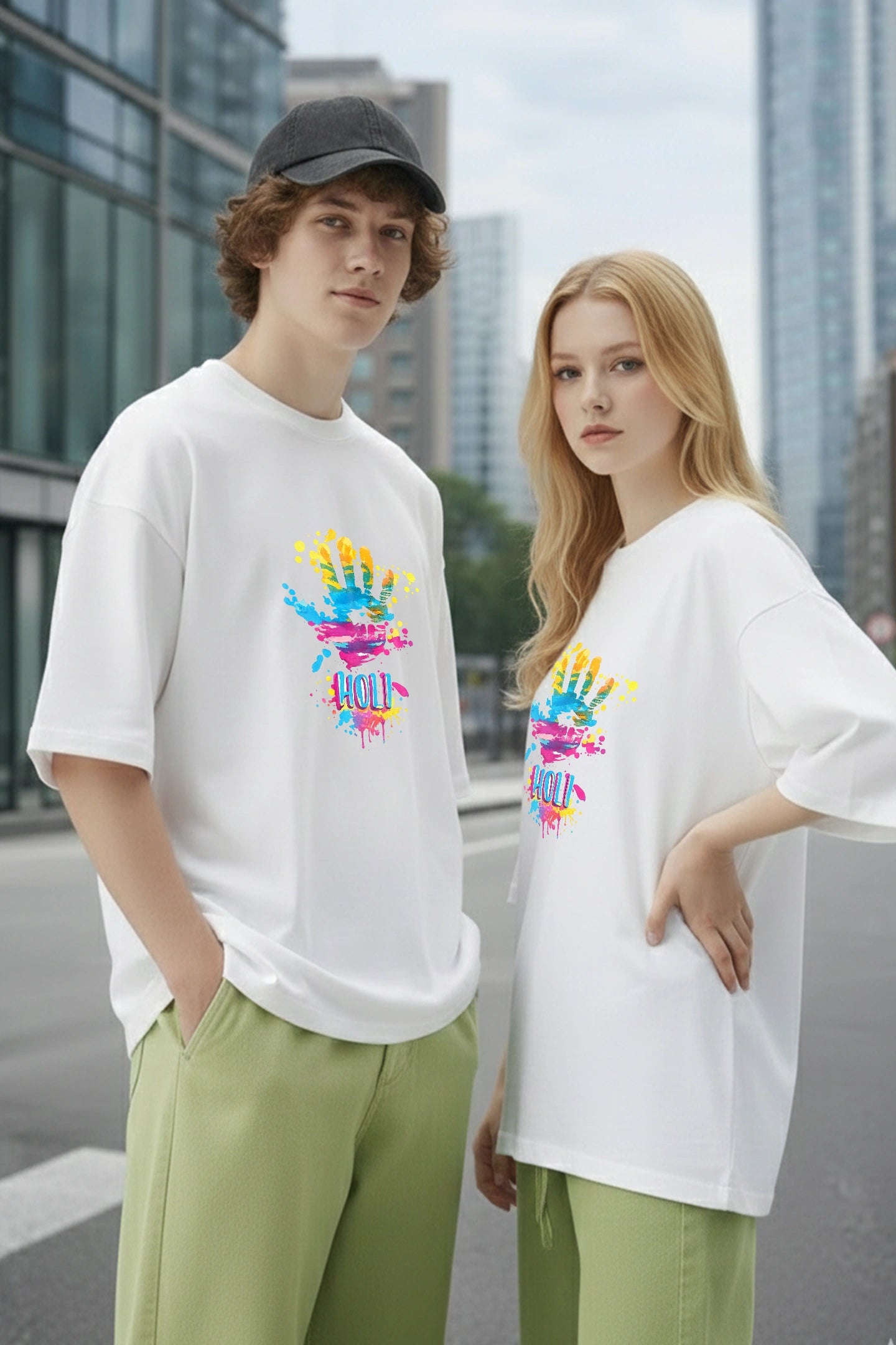 Matching white oversized couple t shirts India Kapda Kulture aesthetic streetwear front view men and women