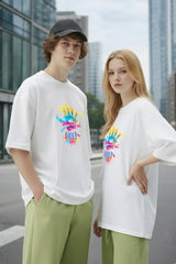 Matching white oversized couple t shirts India Kapda Kulture aesthetic streetwear front view men and women