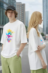 White oversized t shirt for couples with colorful Holi graphic Kapda Kulture streetwear India close front design