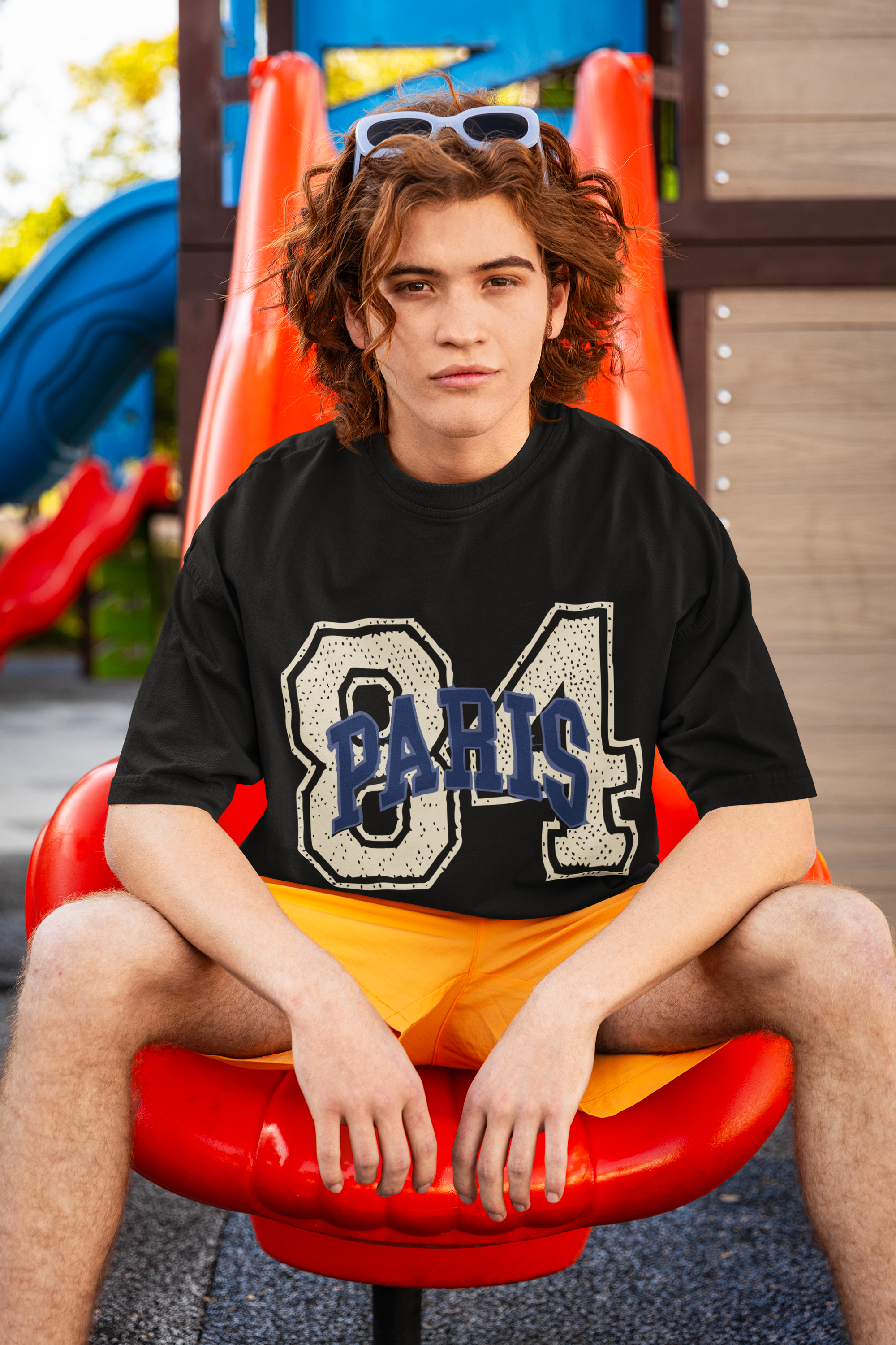 Front Side Black Paris Men Oversized T-Shirt